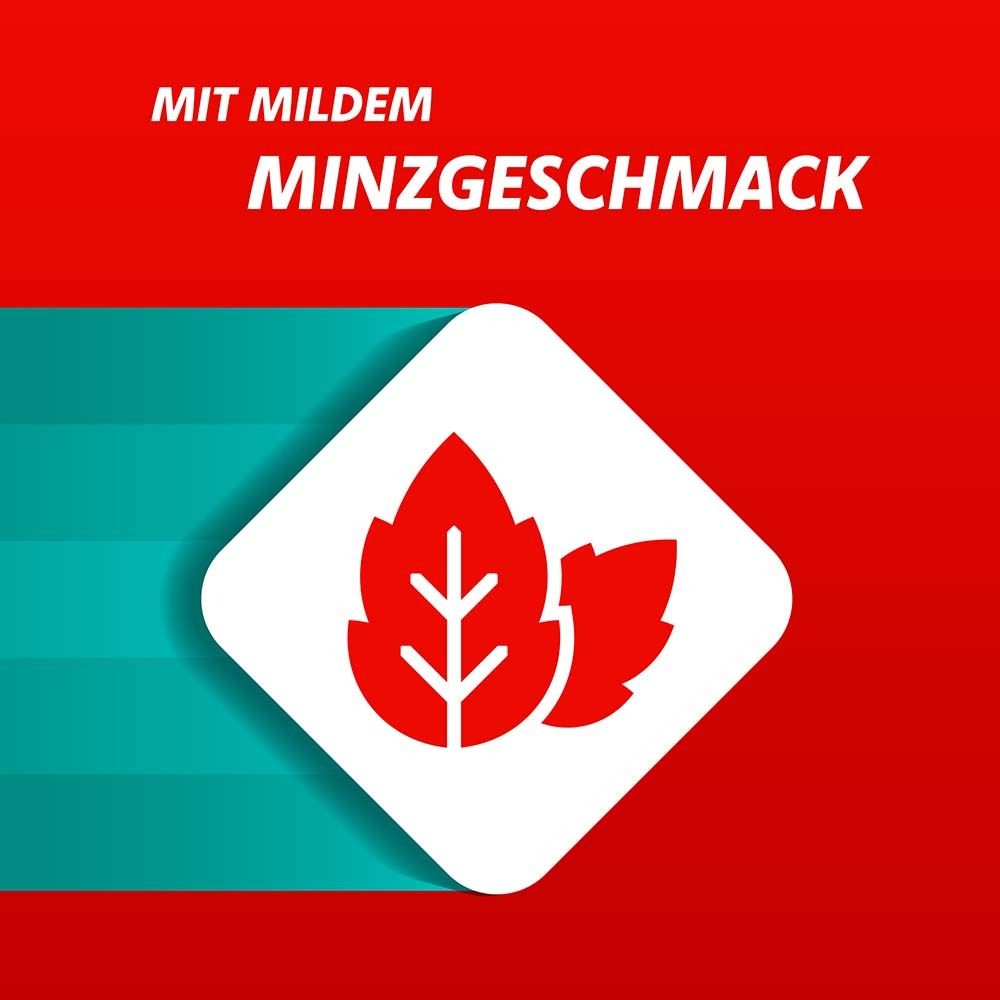 Roter Hintergrund mit zwei grünen Blättern. Text: Mit mildem Minzgeschmack. Weißes Quadrat.