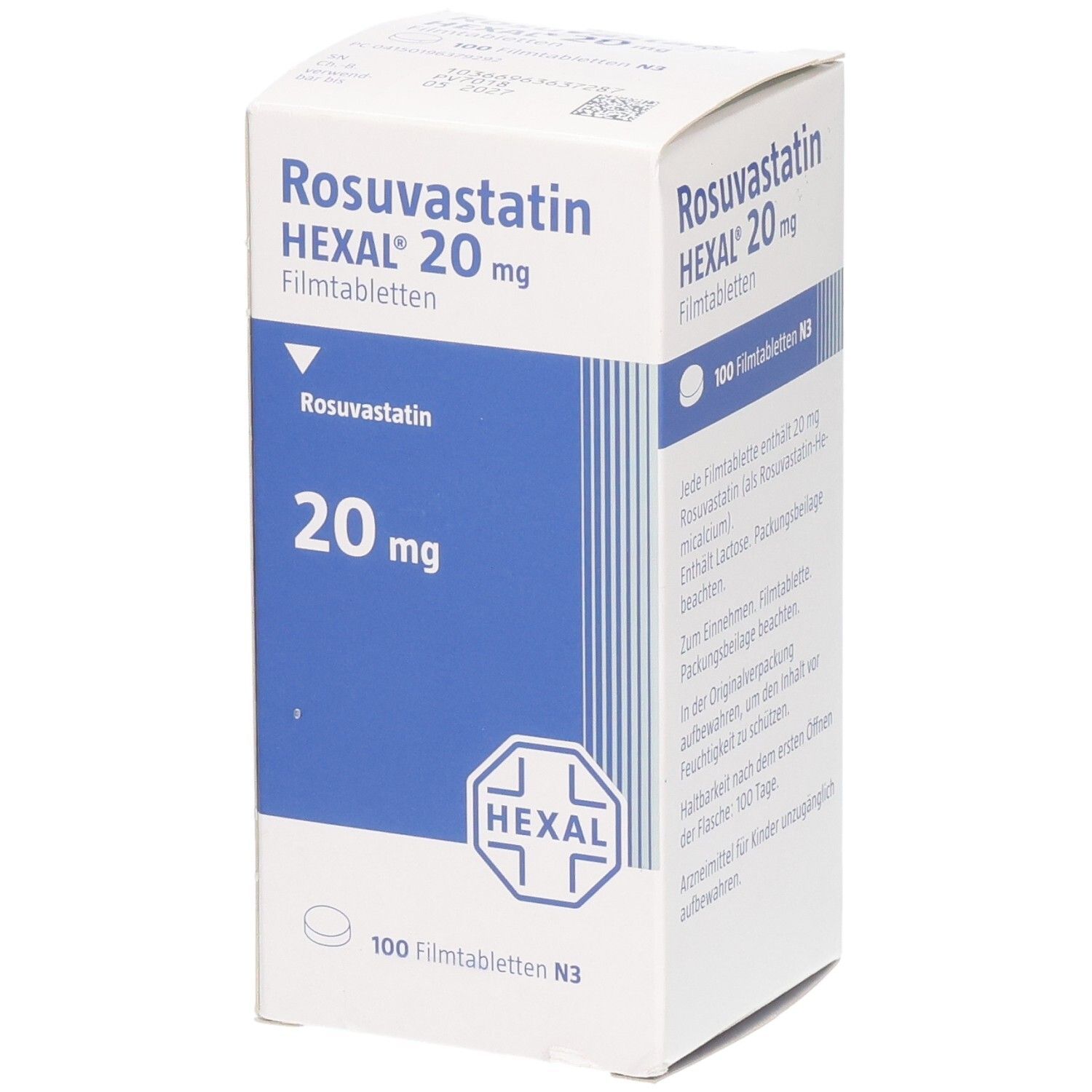 Packung Rosuvastatin HEXAL 20 mg Filmtabletten, 100 Stück. Blauer und weißer Karton mit Produktinformationen.