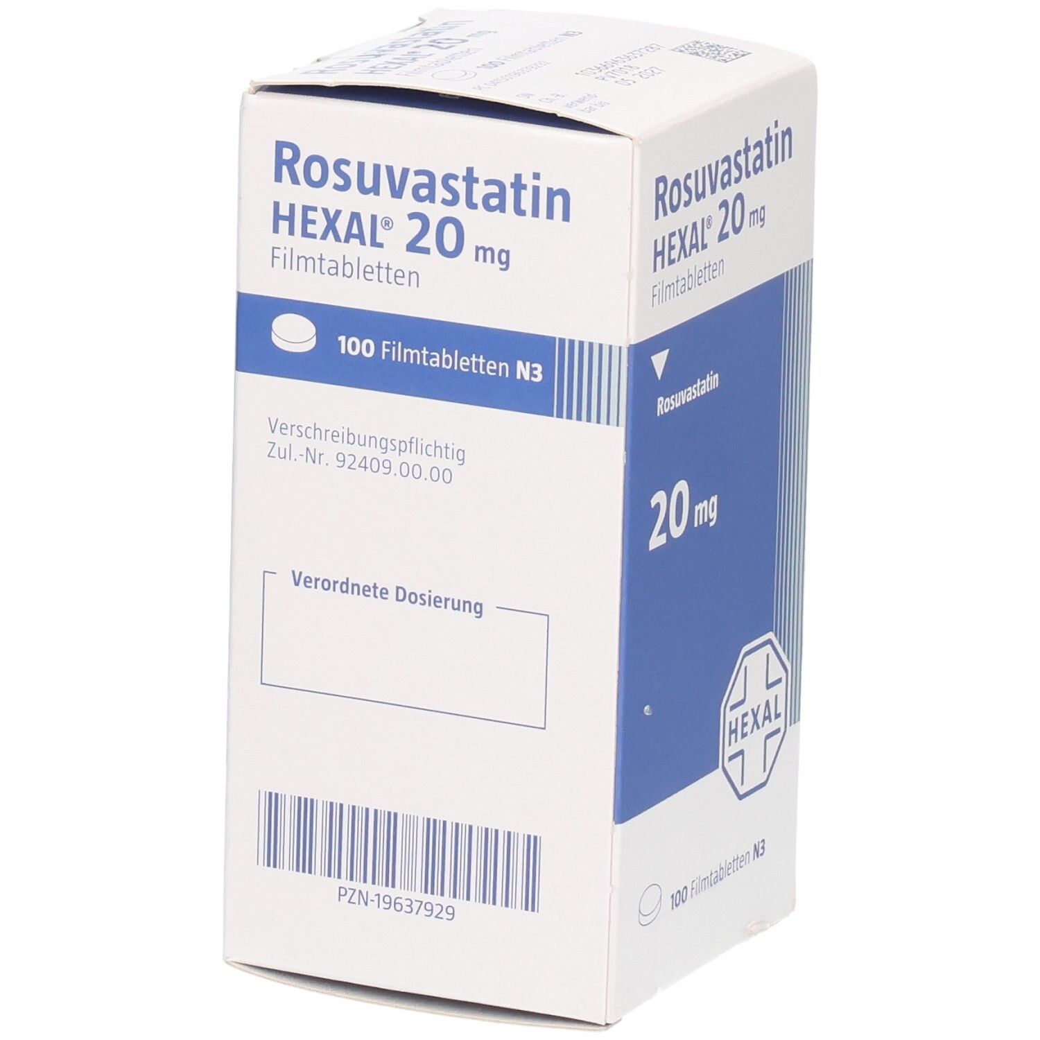 Rückseite der Packung Rosuvastatin HEXAL 20 mg Filmtabletten. Enthält Zulassungsnummer und Barcode.