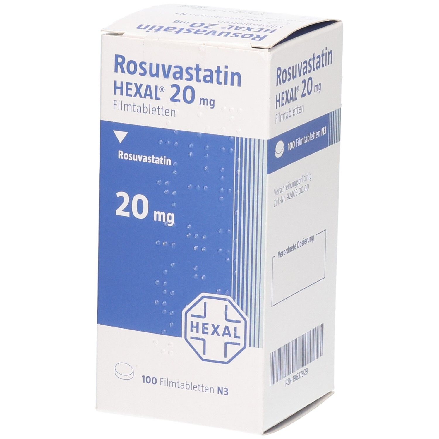 Seitenansicht der Packung Rosuvastatin HEXAL 20 mg Filmtabletten. Blauer Streifen und Hexal-Logo sichtbar.