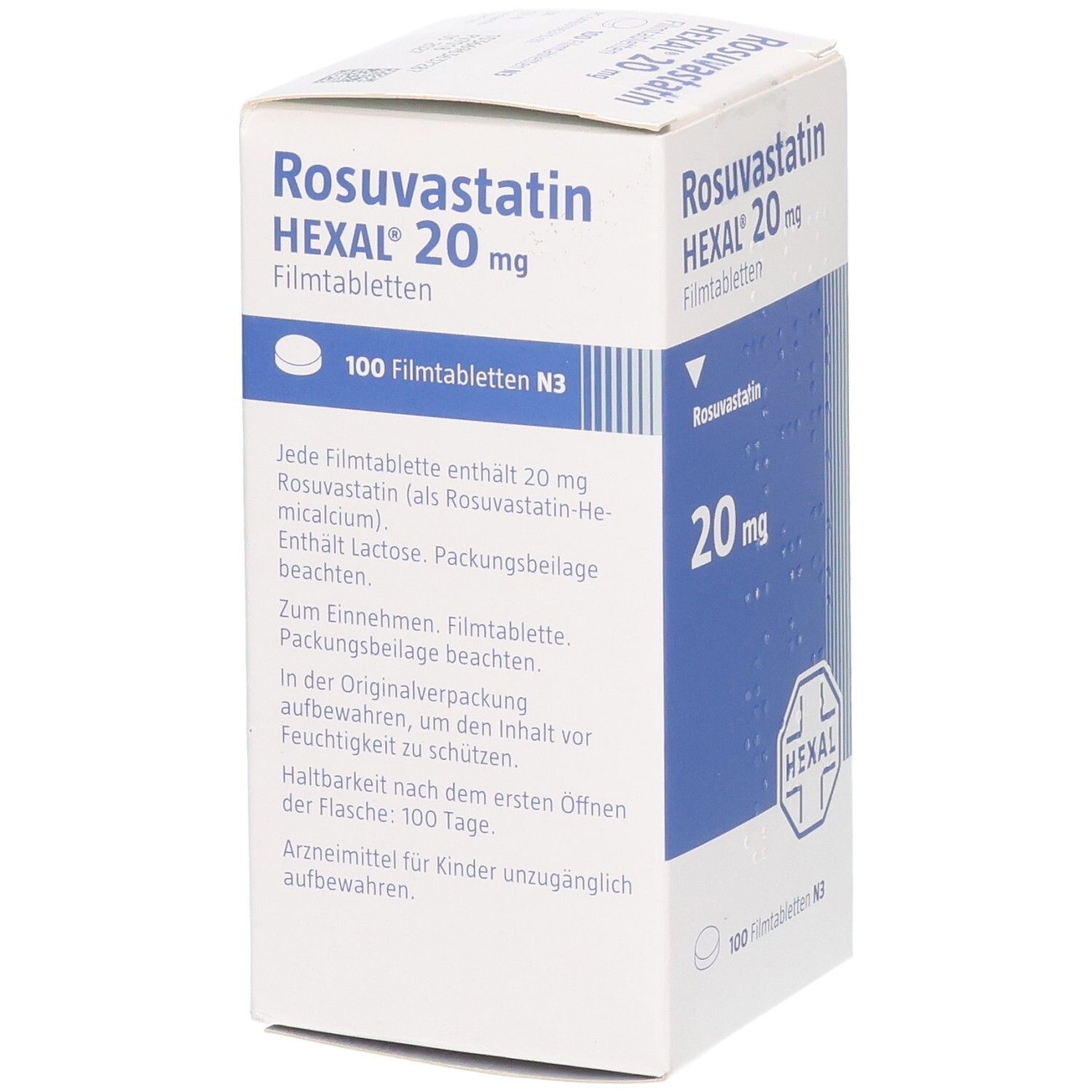 Seitenansicht der Packung Rosuvastatin HEXAL 20 mg Filmtabletten. Enthält detaillierte Produktinformationen.