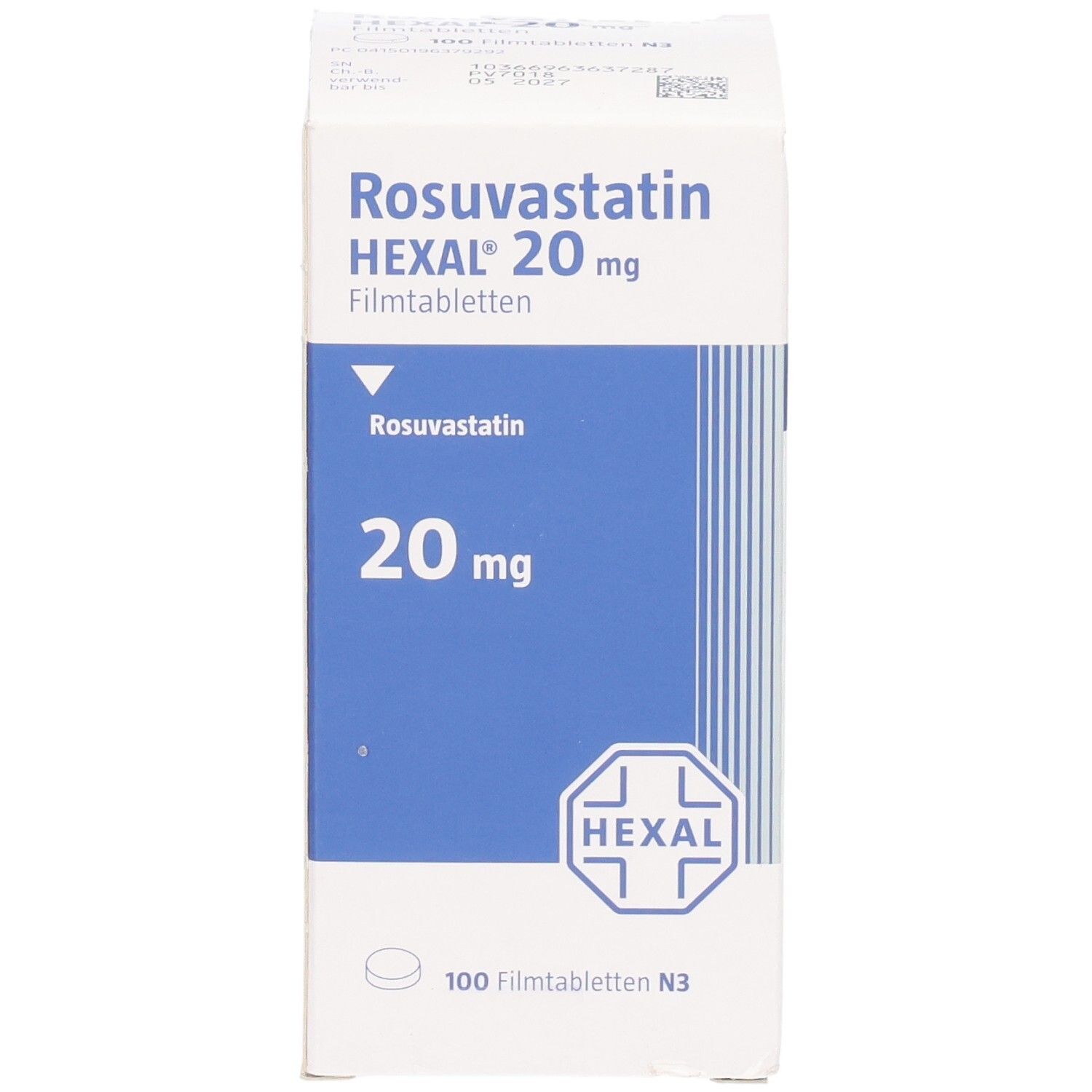 Vorderseite der Packung Rosuvastatin HEXAL 20 mg Filmtabletten. Zeigt Dosierung und Herstellerlogo.