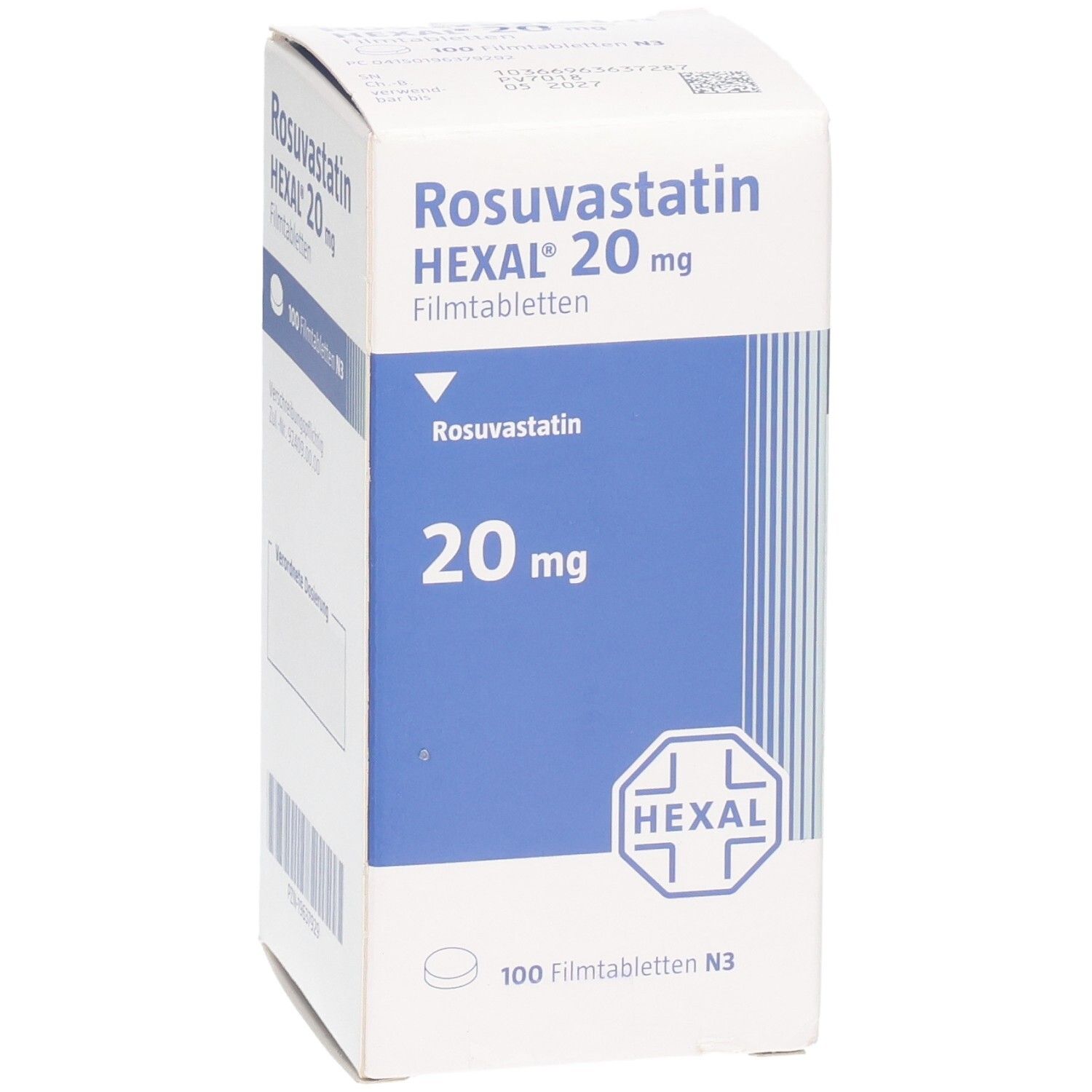 Packung Rosuvastatin HEXAL 20 mg Filmtabletten, 100 Stück. Ansicht von vorne und leicht von der Seite.
