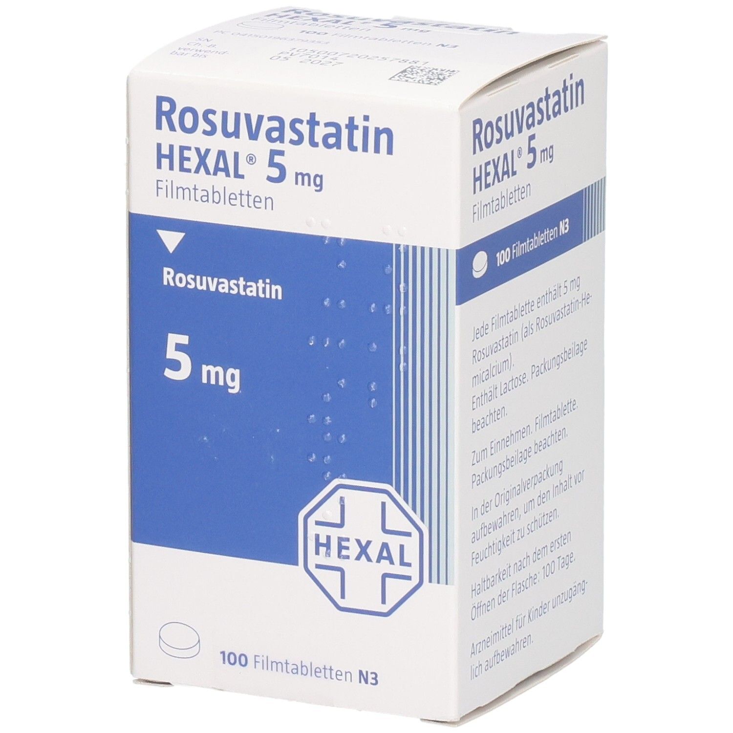 Packung Rosuvastatin HEXAL 5 mg Filmtabletten, 100 Stück. Blauer Aufdruck auf weißem Karton.