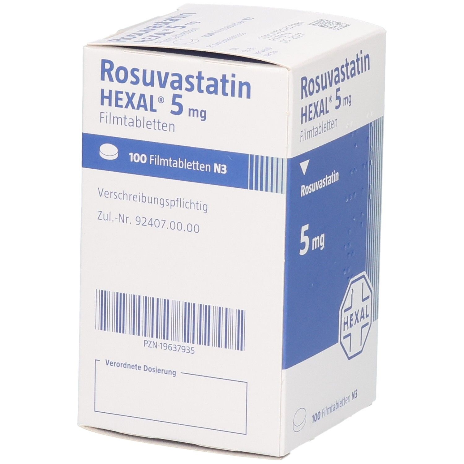 Rückseite der Packung Rosuvastatin HEXAL 5 mg Filmtabletten. Enthält Zulassungsnummer und Barcode.
