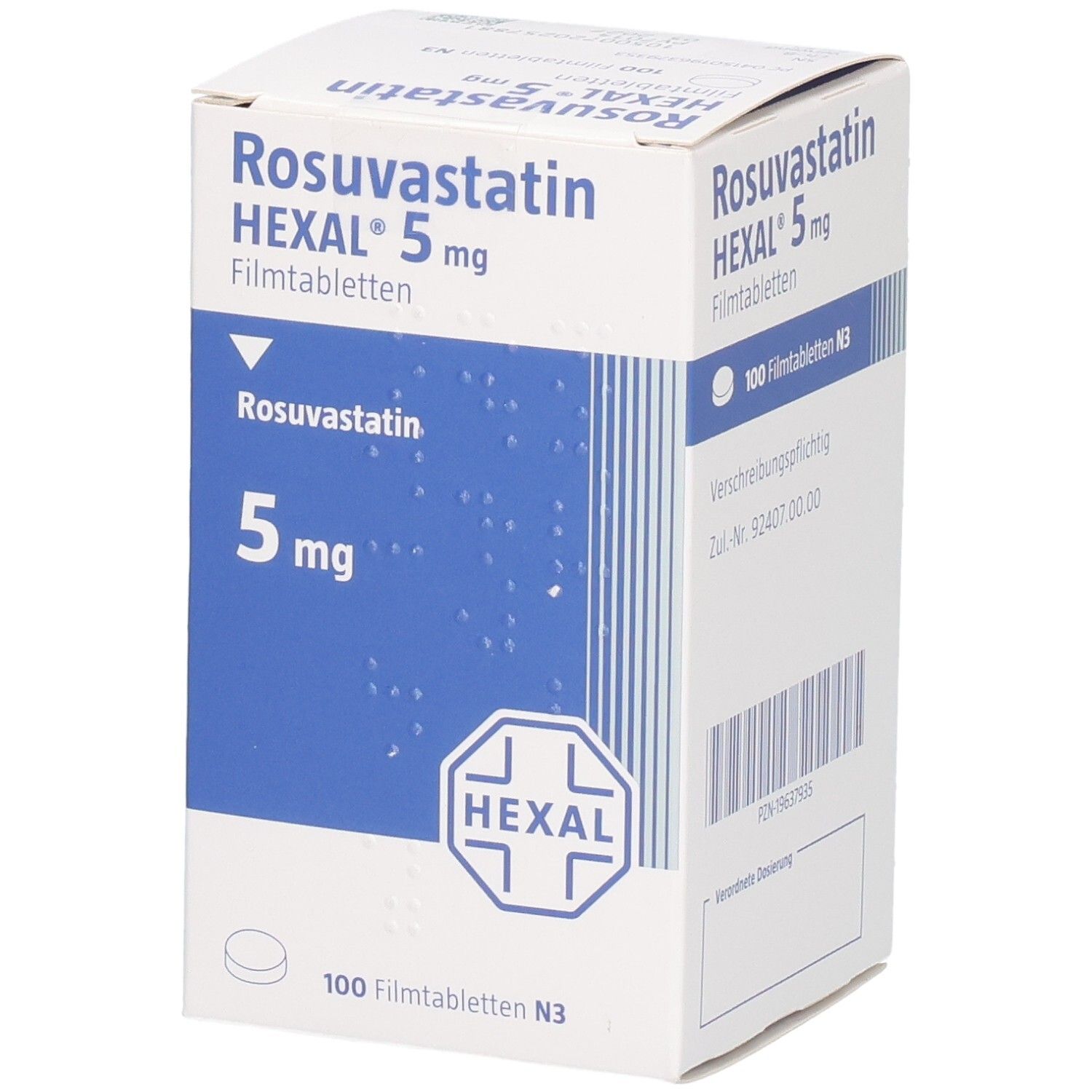 Seitenansicht der Packung Rosuvastatin HEXAL 5 mg Filmtabletten. Blauer Aufdruck auf weißem Karton.