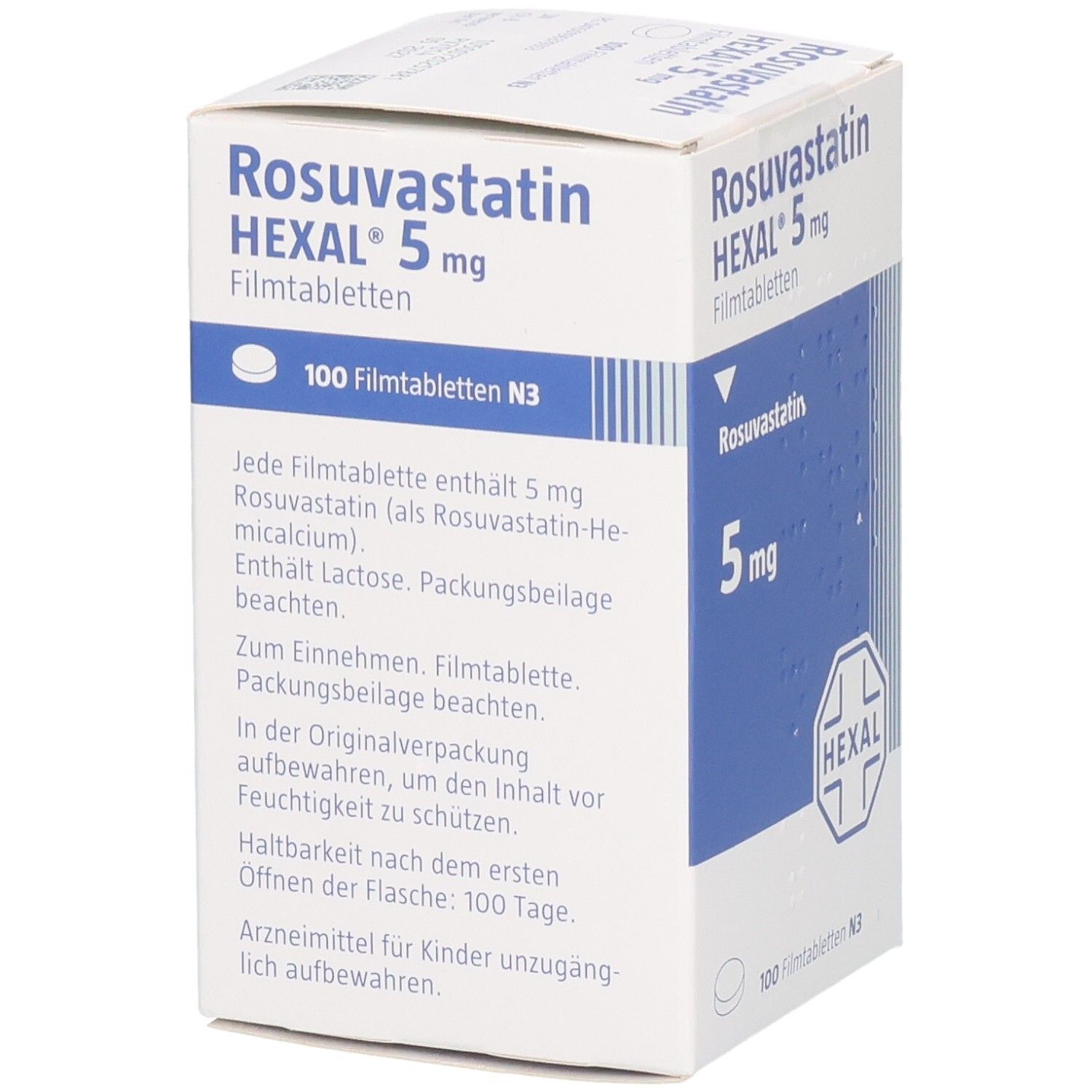 Detailansicht der Packung Rosuvastatin HEXAL 5 mg Filmtabletten. Enthält Informationen zur Zusammensetzung.