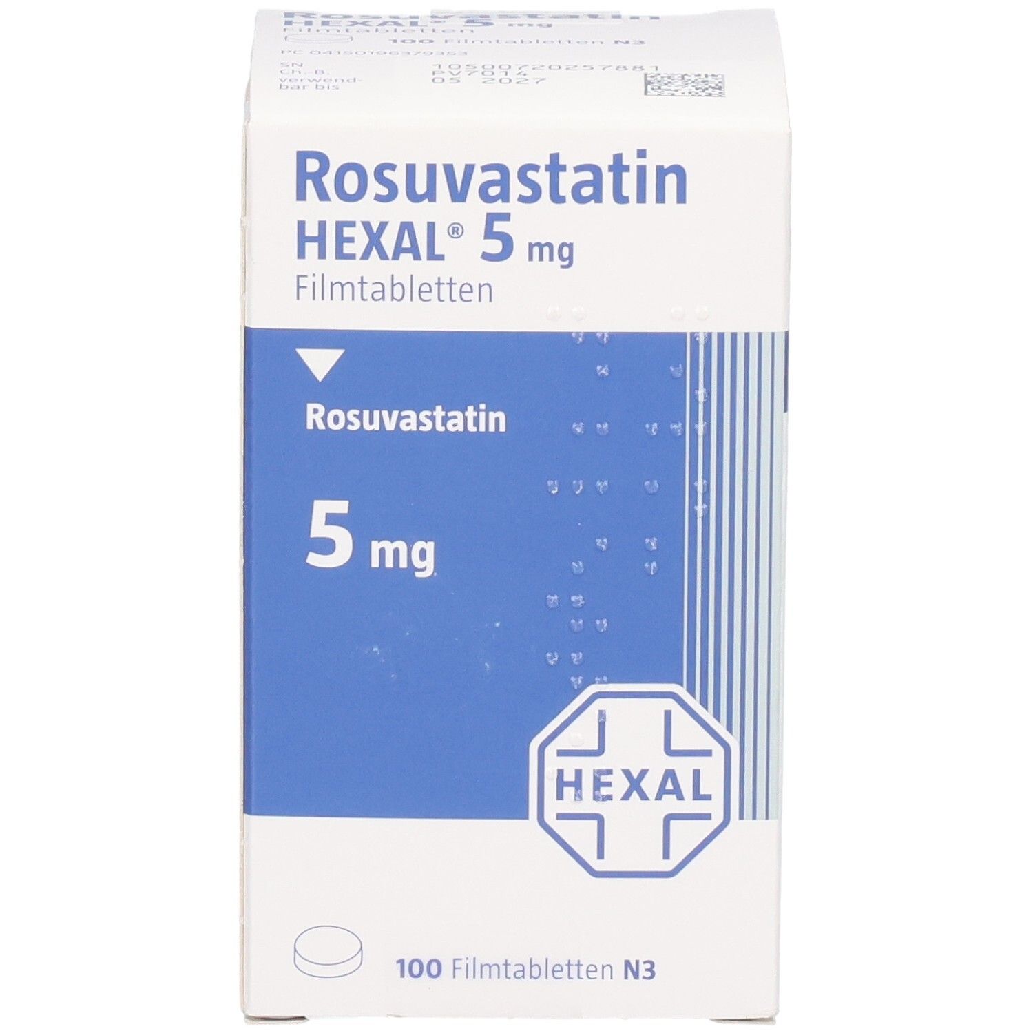 Vorderseite der Packung Rosuvastatin HEXAL 5 mg Filmtabletten. Zeigt Dosierung und Markenzeichen.