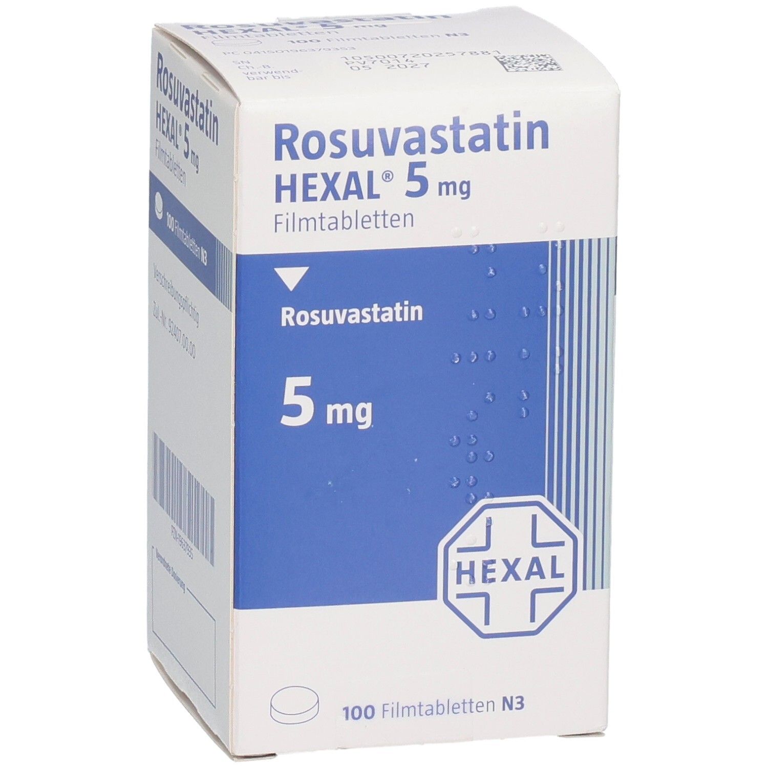 Packung Rosuvastatin HEXAL 5 mg Filmtabletten, 100 Stück. Blauer Aufdruck auf weißem Karton, leicht schräg.