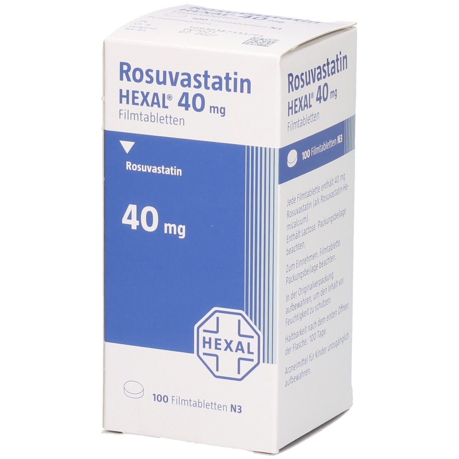 Verpackung von Rosuvastatin HEXAL 40 mg Filmtabletten, 100 Stück.
