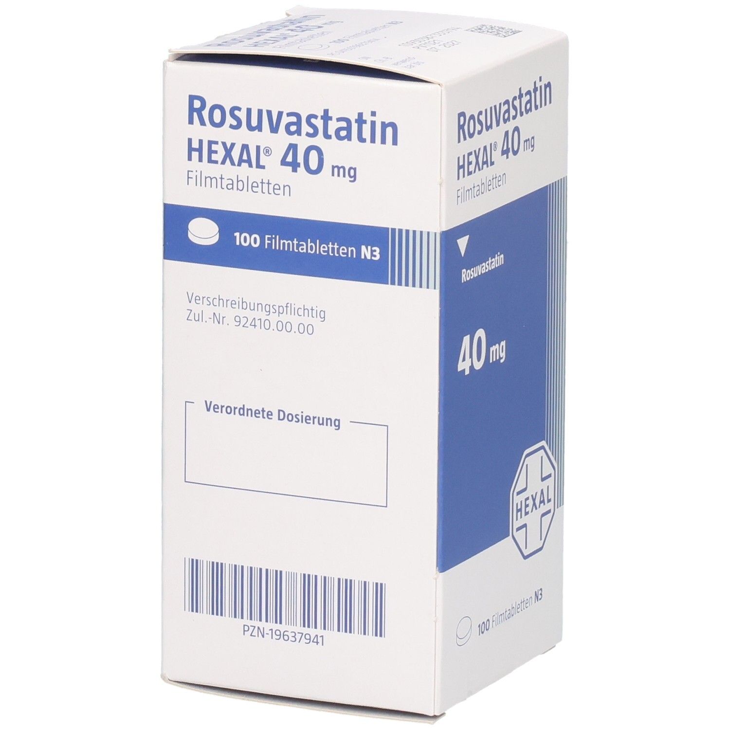 Rückseite der Verpackung von Rosuvastatin HEXAL 40 mg Filmtabletten, 100 Stück.