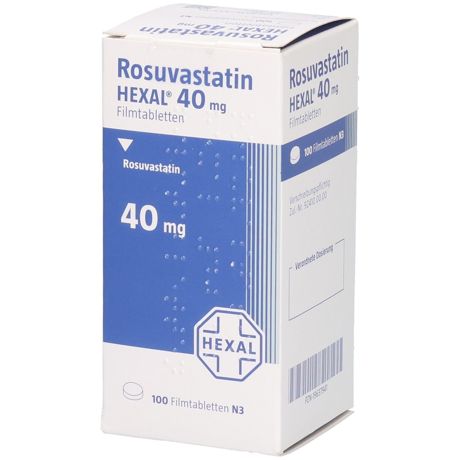 Verpackung von Rosuvastatin HEXAL 40 mg Filmtabletten, 100 Stück, von der Seite.