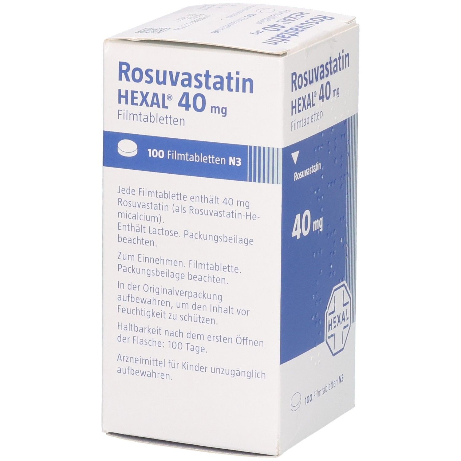 Seitenansicht der Verpackung von Rosuvastatin HEXAL 40 mg Filmtabletten, 100 Stück.