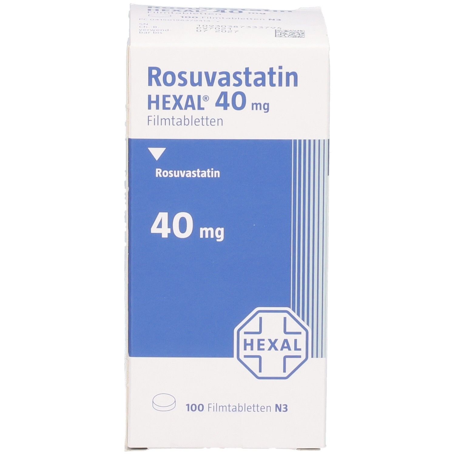 Verpackung von Rosuvastatin HEXAL 40 mg Filmtabletten, 100 Stück, mit Detailinformationen.