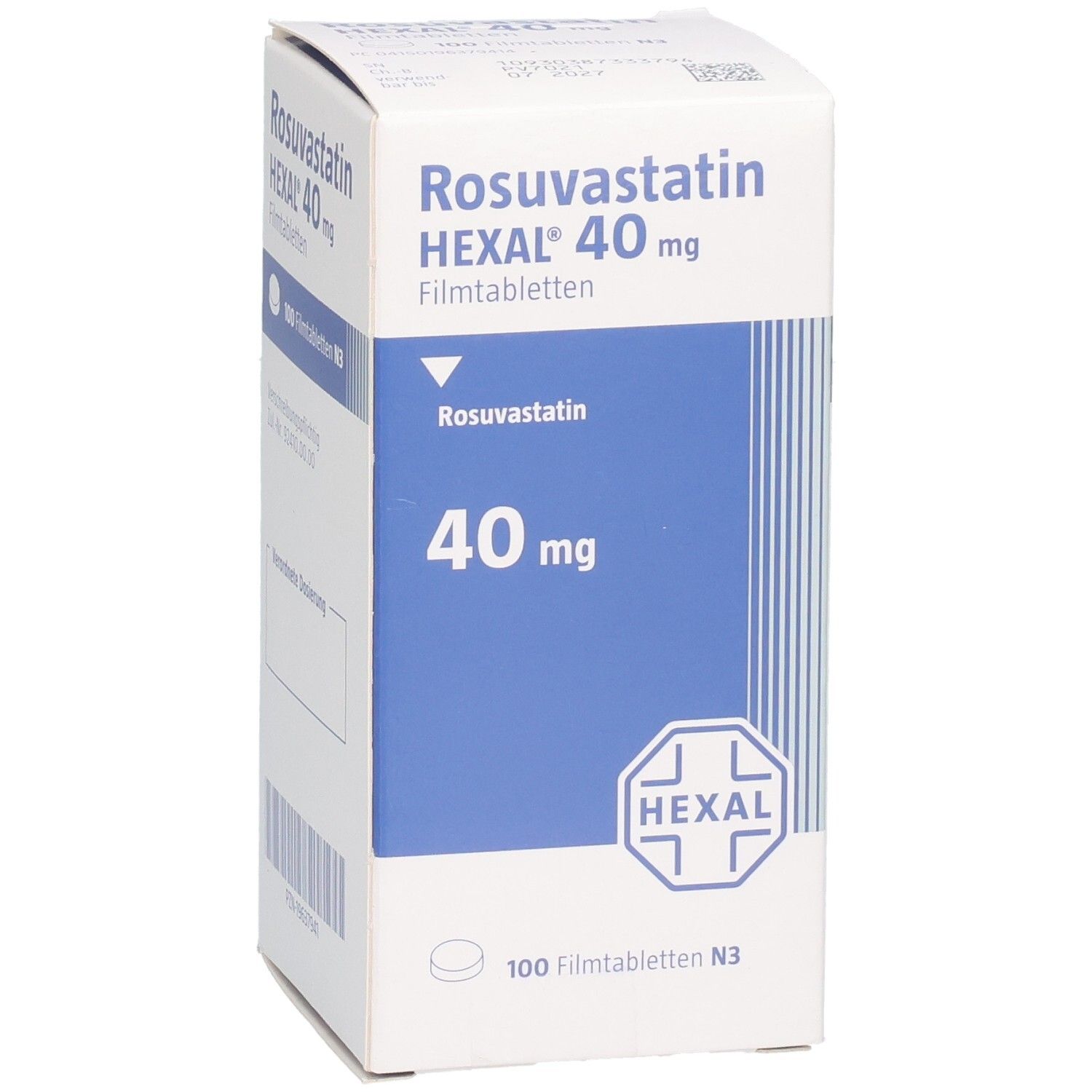 Verpackung von Rosuvastatin HEXAL 40 mg Filmtabletten, 100 Stück, aus leicht schrägem Blickwinkel.
