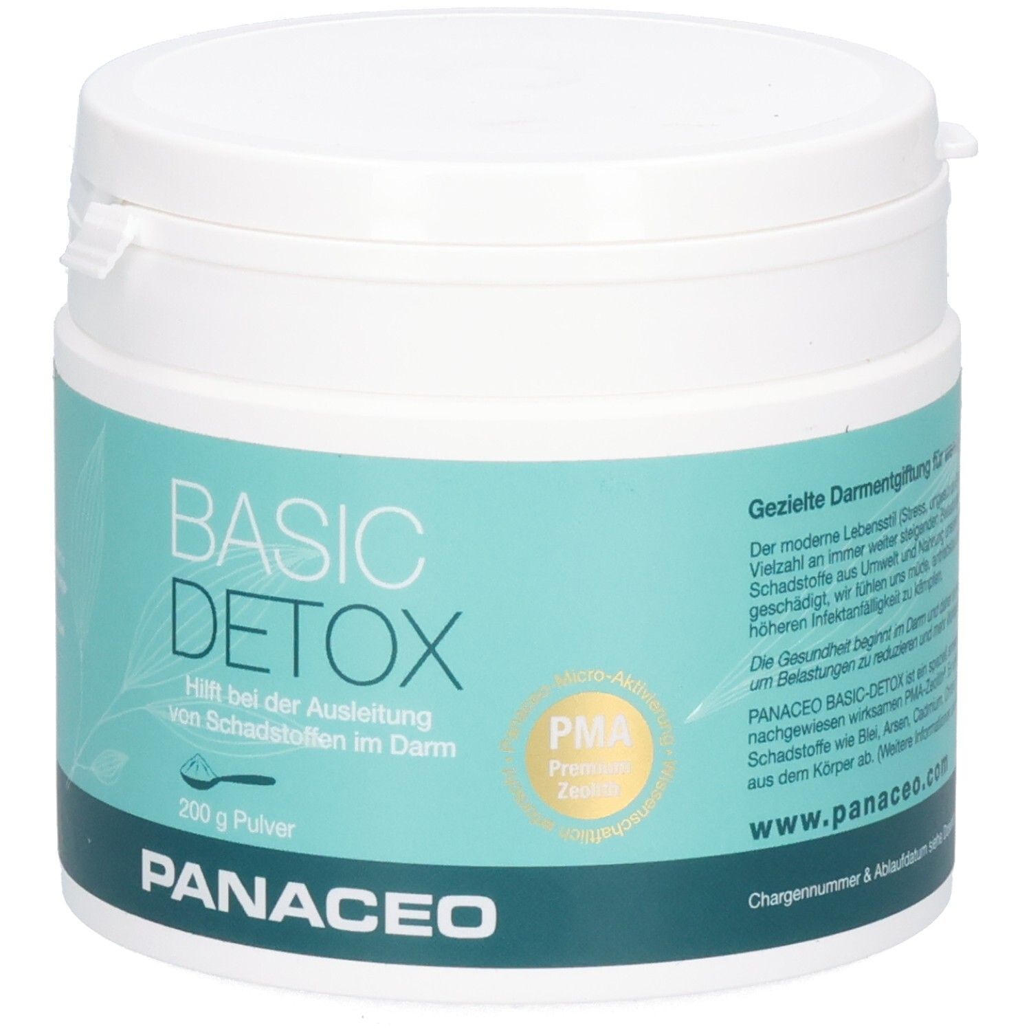 Weißer Behälter mit blau-grüner Banderole. Aufschrift: BASIC DETOX, 200 g Pulver, PANACEO. PMA-Zeolith.