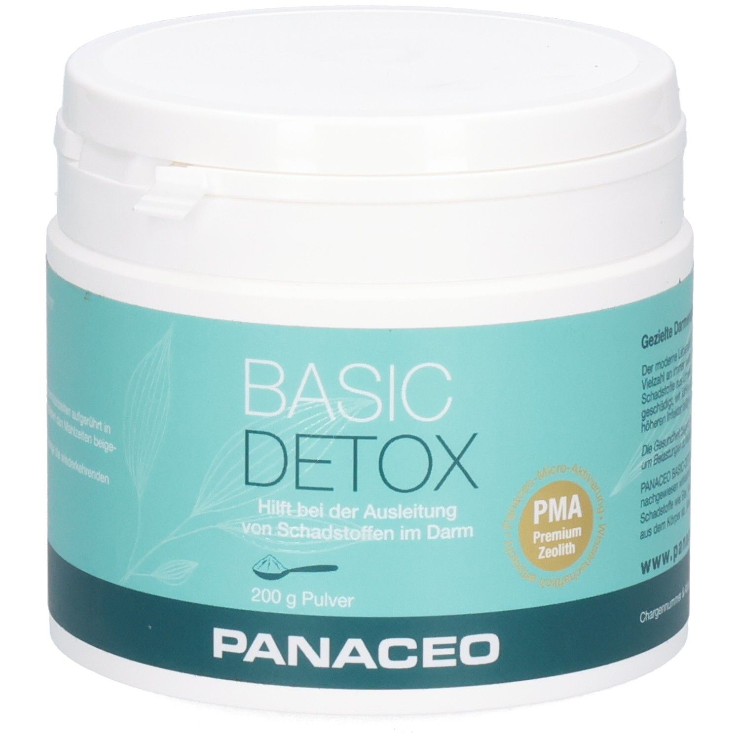 Weißer Behälter mit blau-grüner Banderole. Aufschrift: BASIC DETOX, 200 g Pulver, PANACEO. PMA-Zeolith.