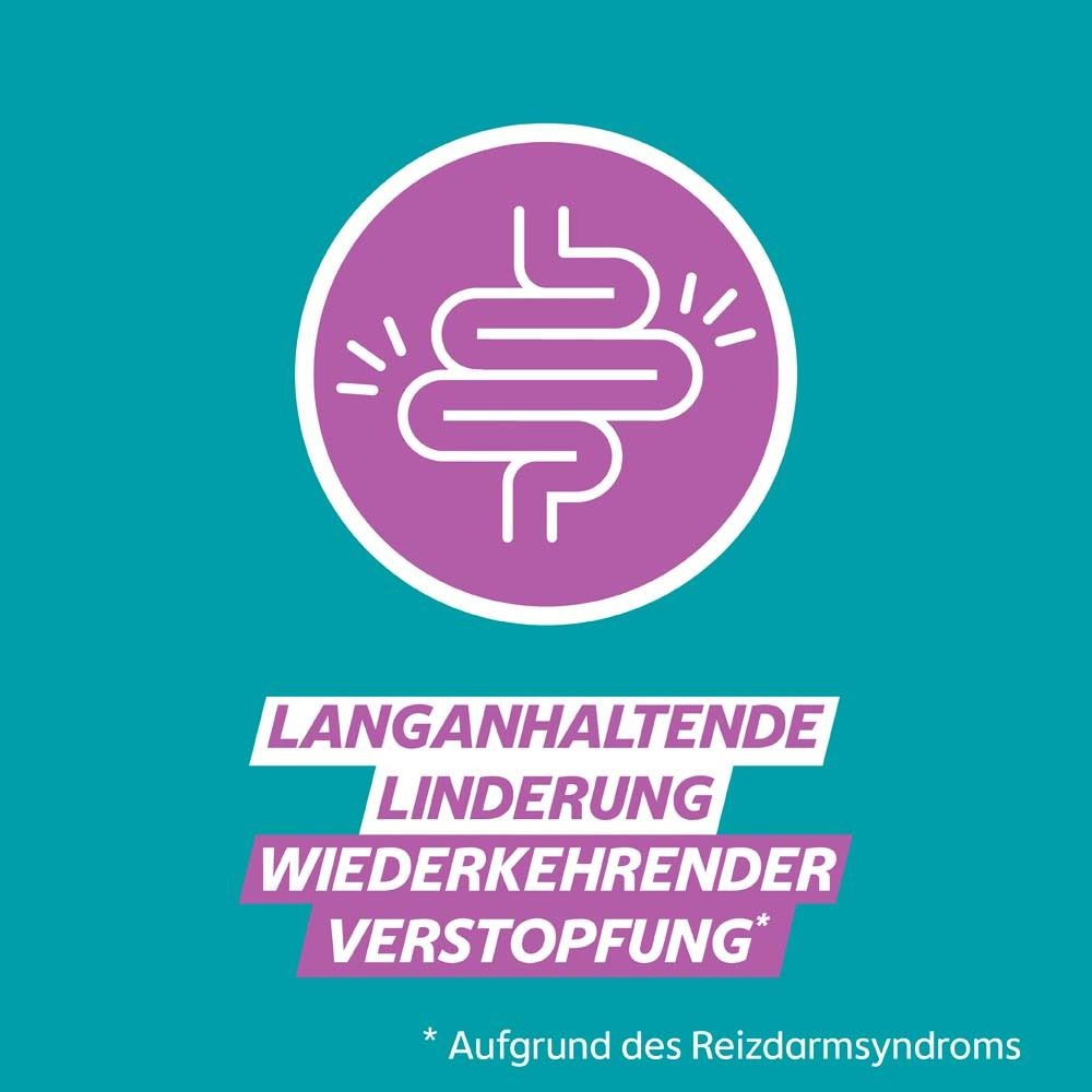 Kreisförmiges Logo mit Darm-Symbol. Text: Langanhaltende Linderung wiederkehrender Verstopfung.