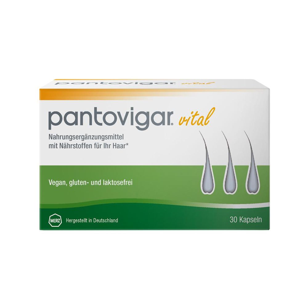 Weiße Schachtel mit "pantovigar. vital". Text: Nahrungsergänzungsmittel für Haare. 30 Kapseln. Vegan, gluten- und laktosefrei.
