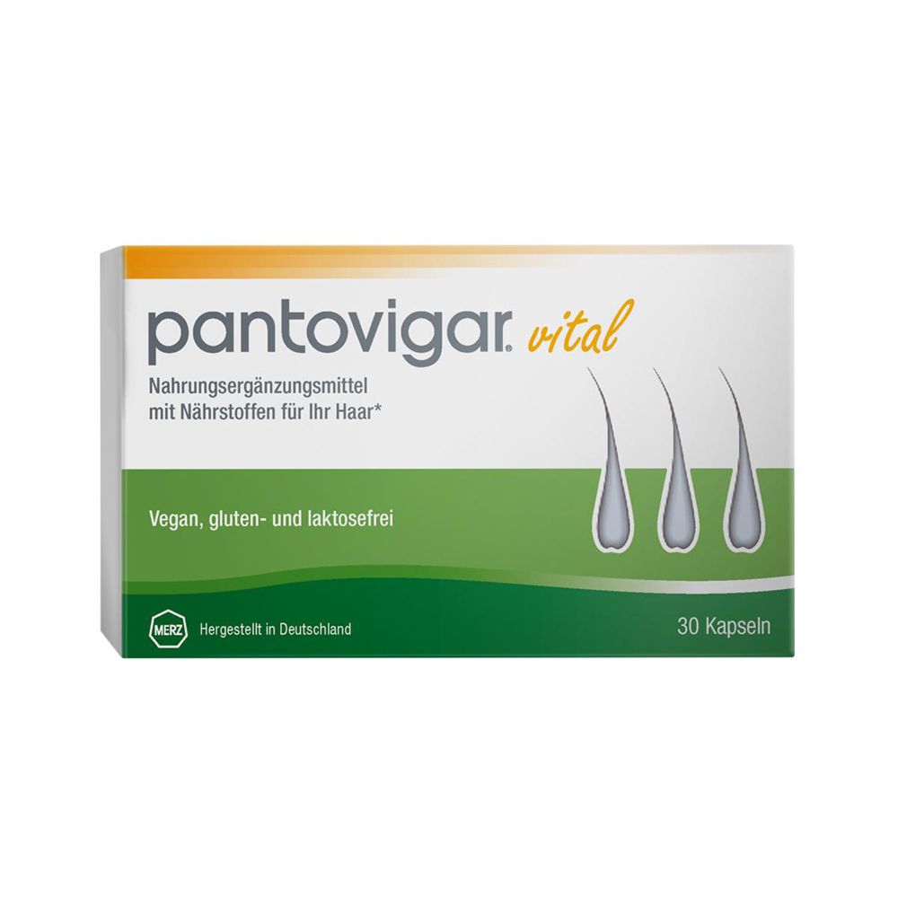 Weiße Schachtel mit "pantovigar. vital". Text: Nahrungsergänzungsmittel für Haare. 30 Kapseln. Vegan, gluten- und laktosefrei.