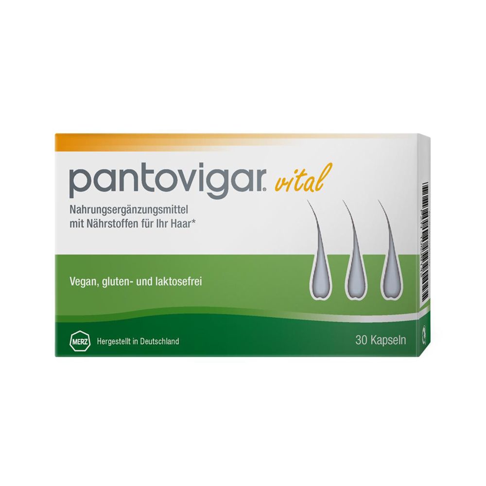 Weiße Schachtel mit "pantovigar. vital". Text: Nahrungsergänzungsmittel für Haare. 30 Kapseln. Vegan, gluten- und laktosefrei.