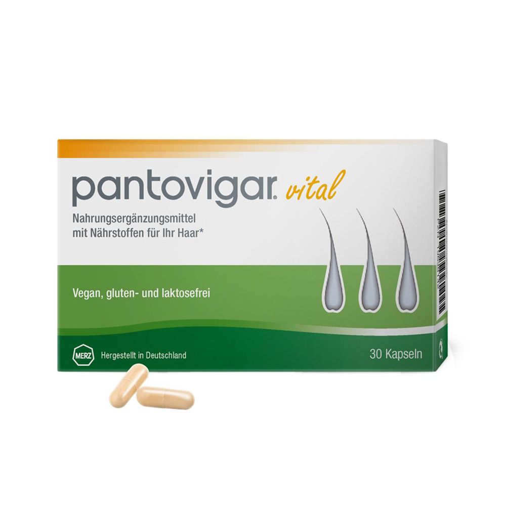 Weiße Schachtel mit "pantovigar. vital" und Kapseln. Text: Nahrungsergänzungsmittel für Haare. 30 Kapseln. Vegan, gluten- und laktosefrei.