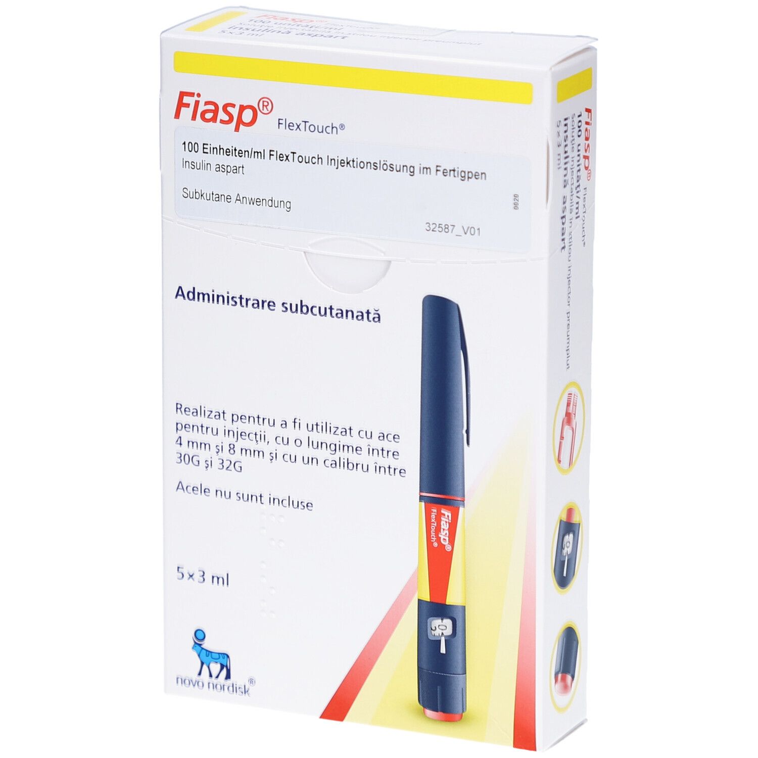 Verpackung mit Fertigpen. Aufschrift: Fiasp FlexTouch, 100 Einheiten/ml. Enthält einen Fertigpen und Produktinformationen.