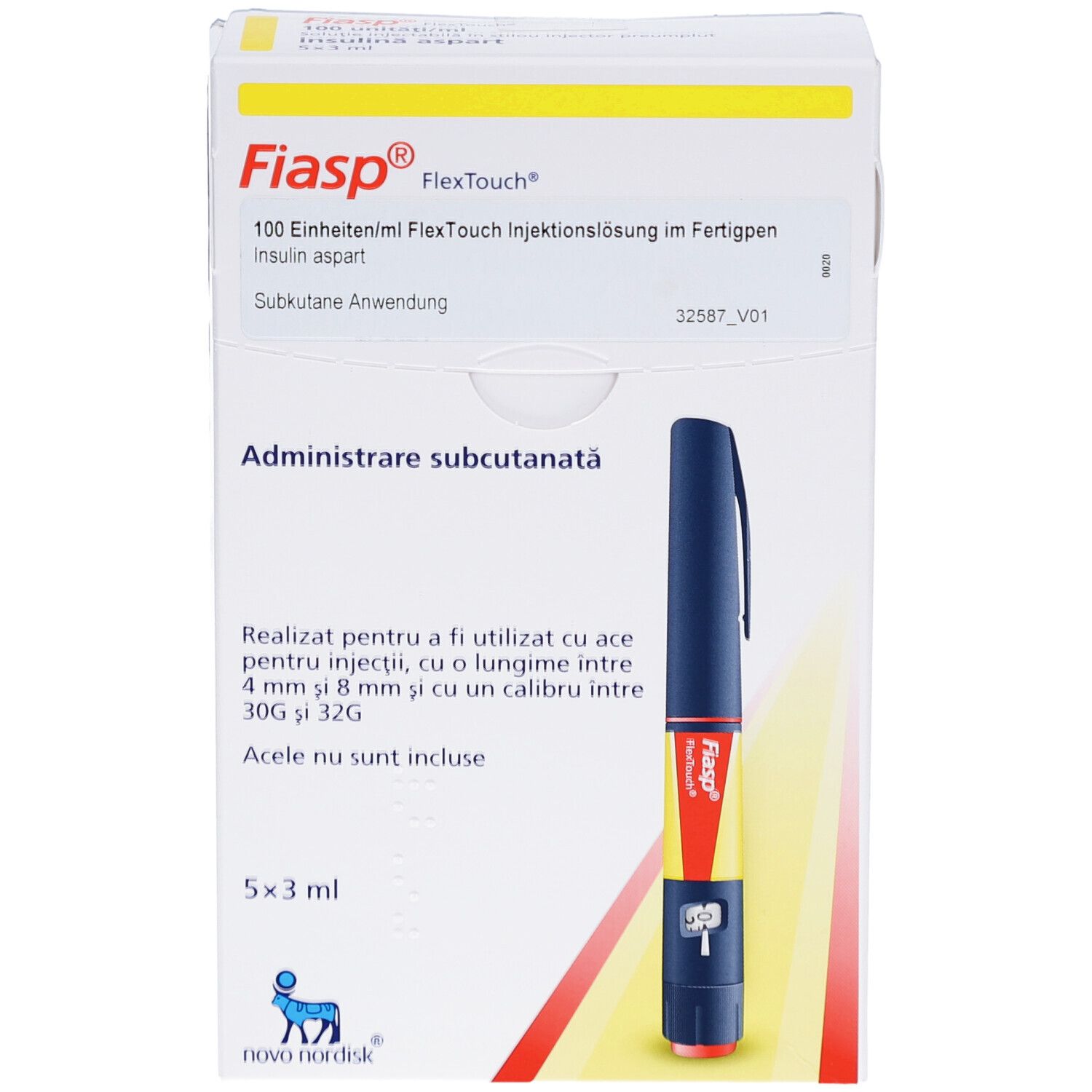 Verpackung mit Fertigpen. Aufschrift: Fiasp FlexTouch, 100 Einheiten/ml. Enthält einen Fertigpen und Produktinformationen.