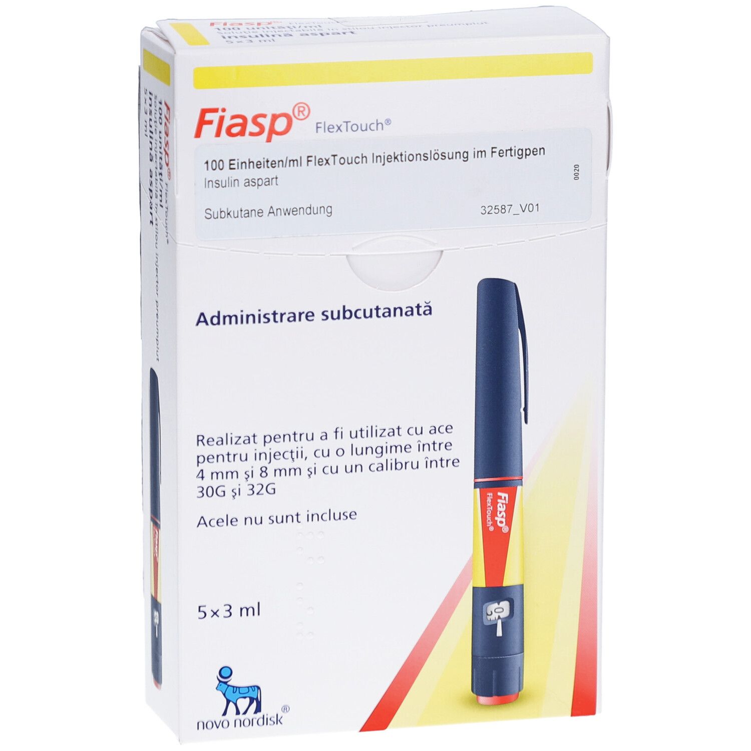 Verpackung mit Fertigpen. Aufschrift: Fiasp FlexTouch, 100 Einheiten/ml. Enthält einen Fertigpen und Produktinformationen.