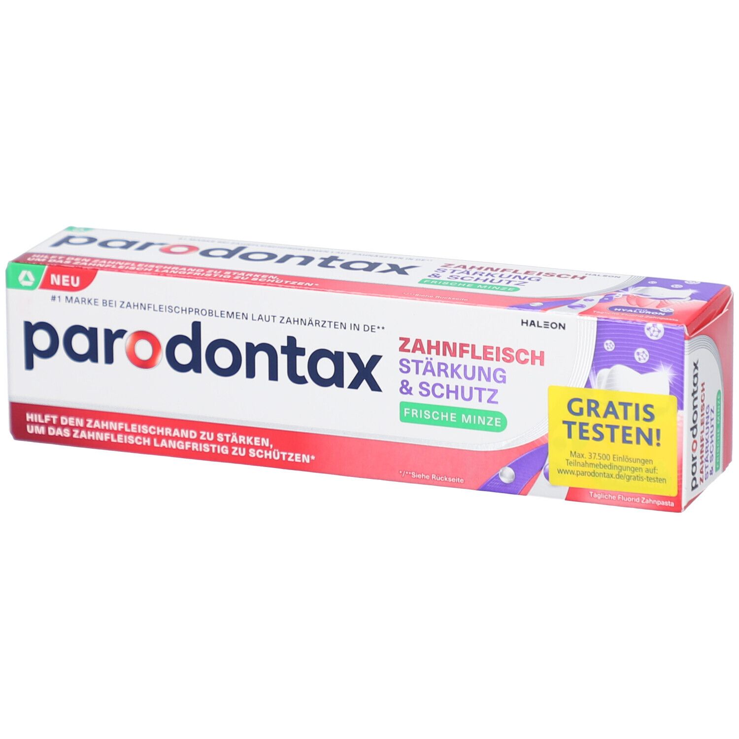 Zahnpasta-Tube und Verpackung. Verpackung mit Produktnamen und Aufschrift "Zahnfleisch Stärkung & Schutz".