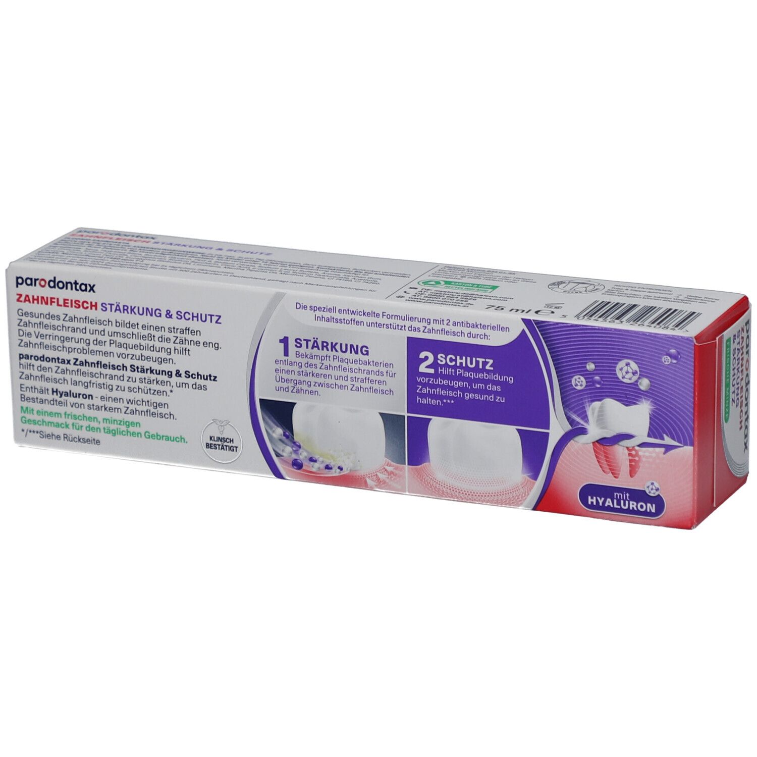 Zahnpasta-Verpackung, Detailansicht. Produktname und Informationen zur Wirkung auf der Verpackung.