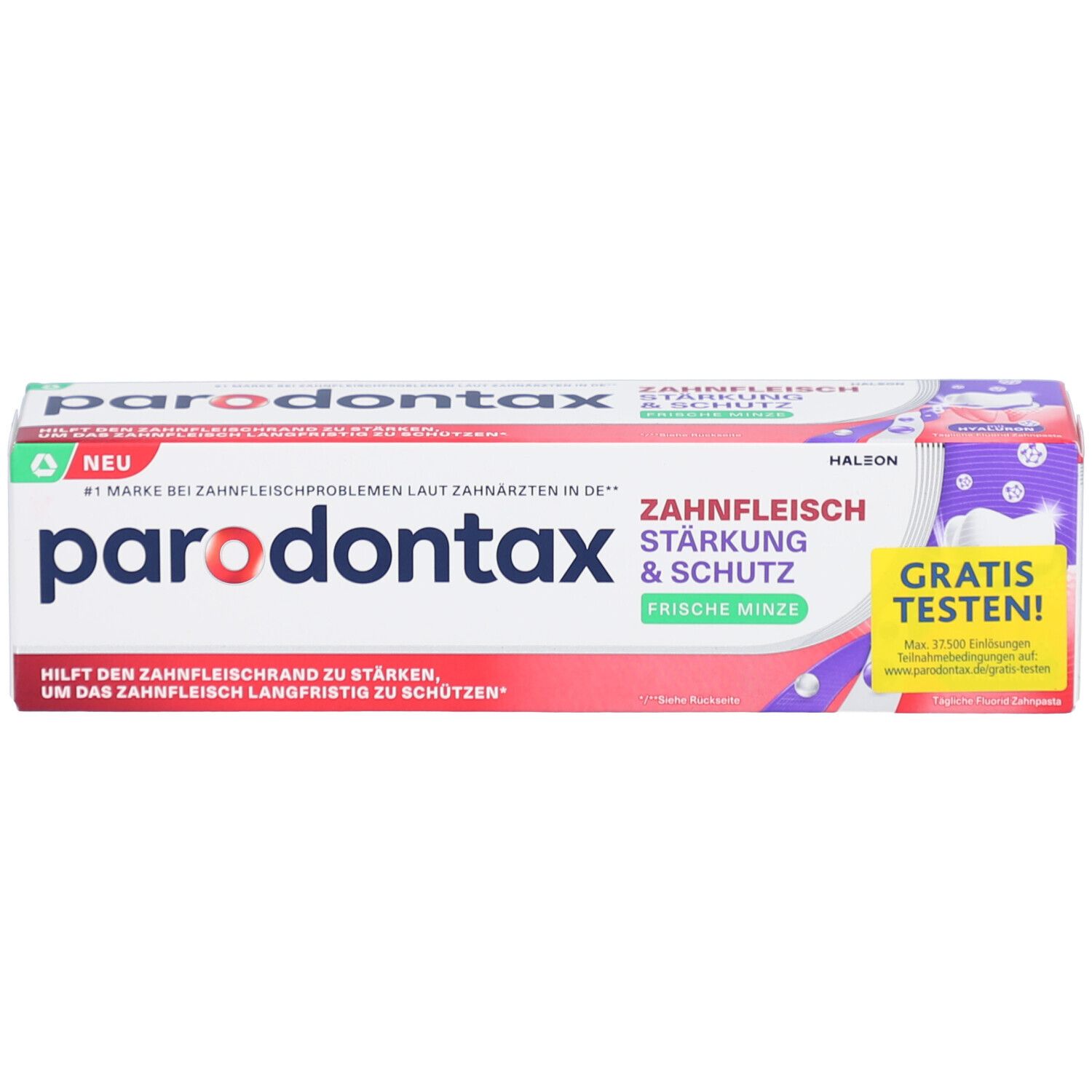 Zahnpasta-Tube und Verpackung. Verpackung mit Produktnamen und Aufschrift "Zahnfleisch Stärkung & Schutz".