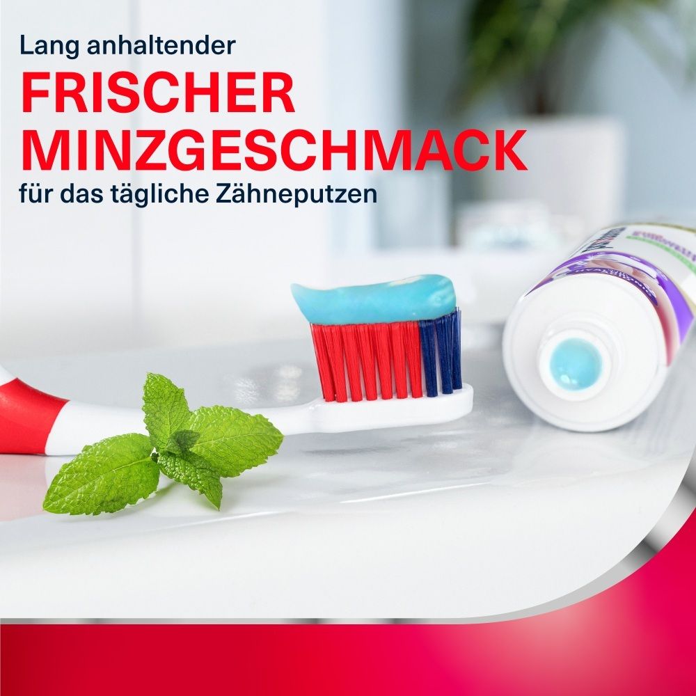 Zahnbürste mit Zahnpasta und Minzblättern auf einem weißen Waschbecken.