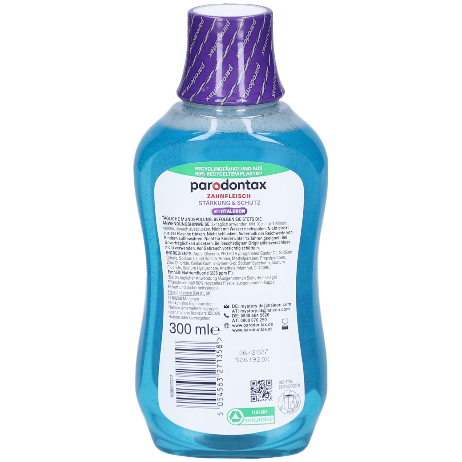 Rückseite der Mundspülungsflasche. Enthält Informationen zu Inhaltsstoffen und Hersteller. Grüne Kennzeichnung.