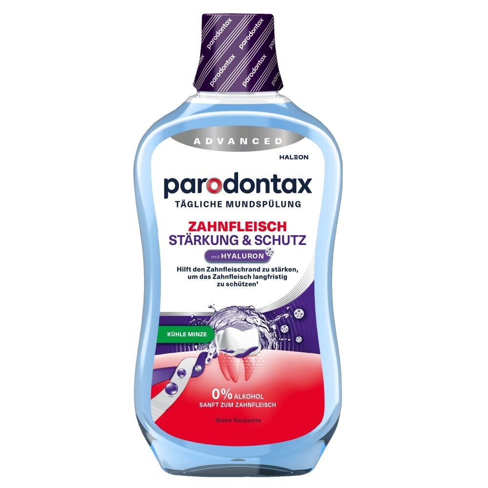 Parodontax Advanced Mundspülung Flasche mit Etikett, das Zähne und Zahnfleisch zeigt.