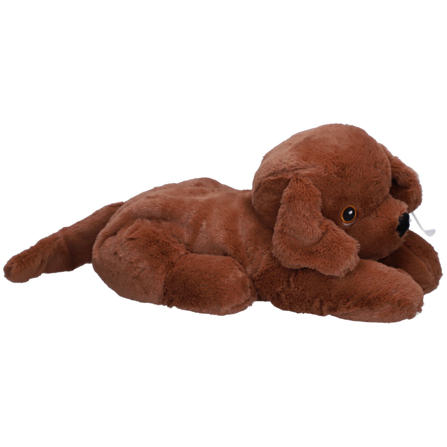 Brauner Stoffhund, liegend. Weiches Material, lange Ohren, kleiner Schwanz. Etikett am Ohr.