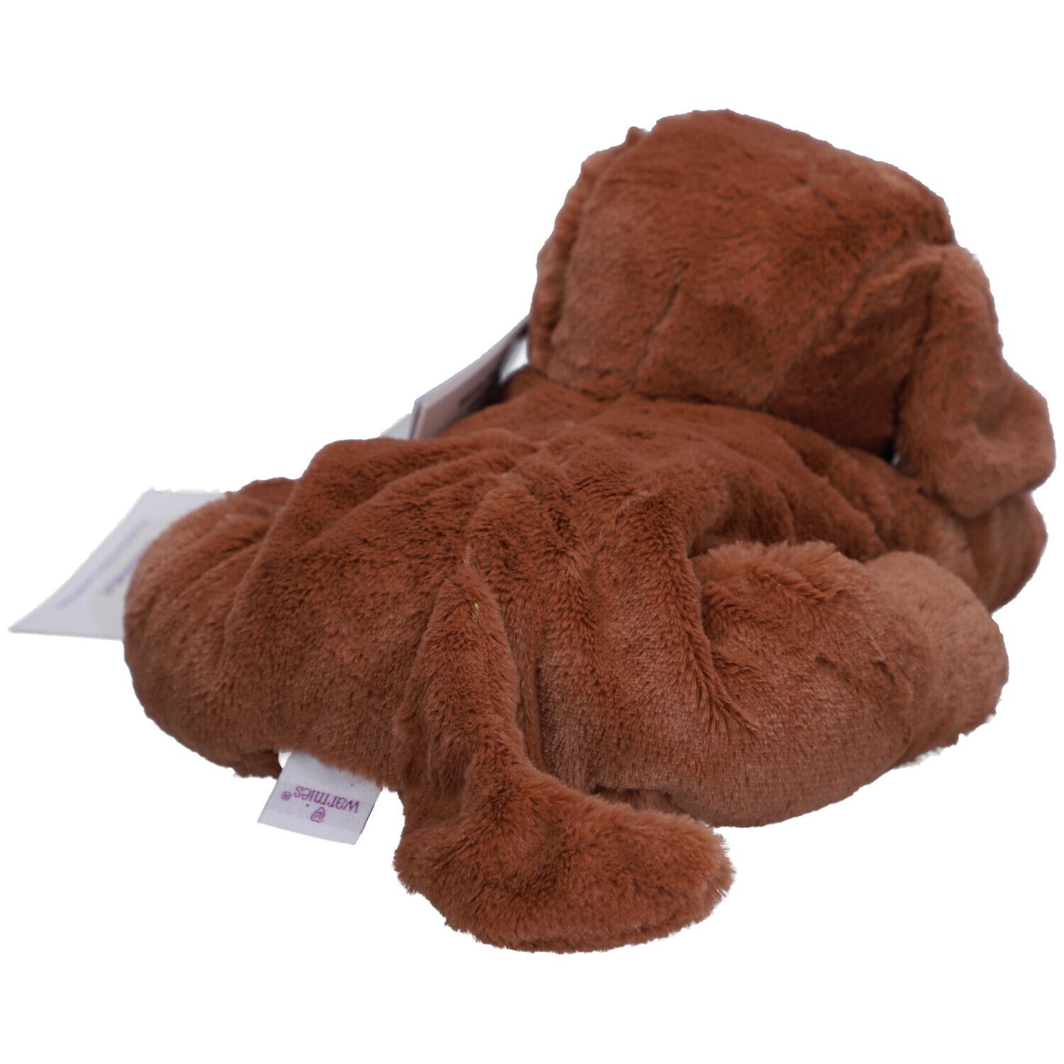 Rückansicht eines braunen Stoffhundes. Weiches Material, liegende Position. Etikett sichtbar.