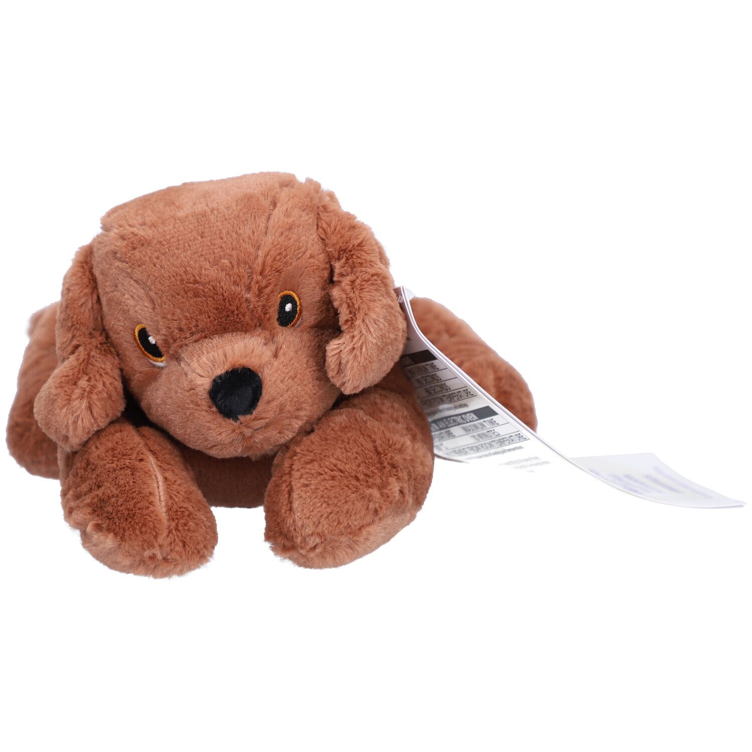Brauner Stoffhund mit Etikett. Marke Warmies. Weiches Material, liegende Position. Schwarze Augen.