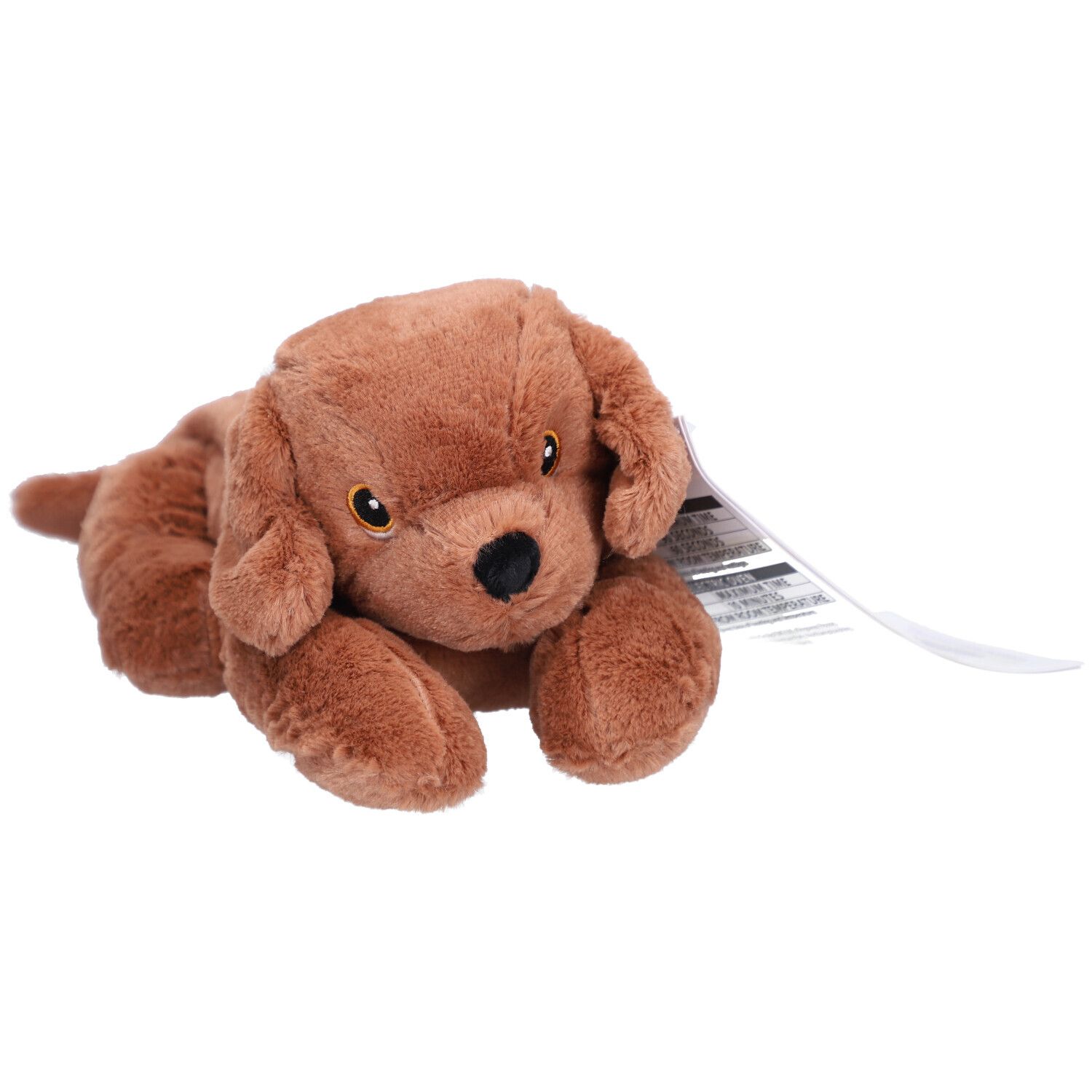 Brauner Stoffhund mit Etikett. Marke Warmies. Weiches Material, liegende Position. Schwarze Augen.