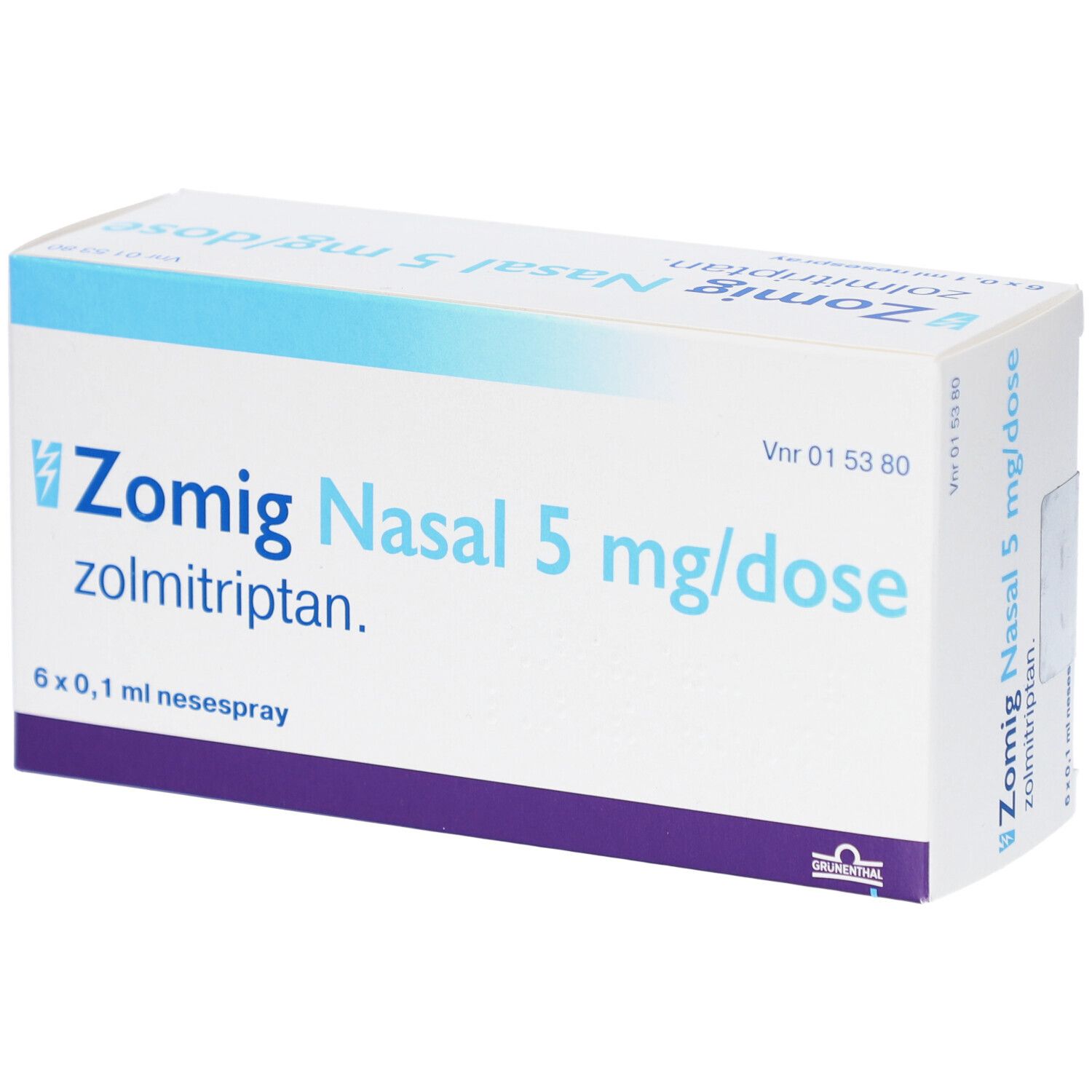 Karton mit Zomig Nasal 5 mg/Dosis Nasenspray. Aufschrift: 6 x 0,1 ml Nasenspray. Blau-weiße Verpackung.
