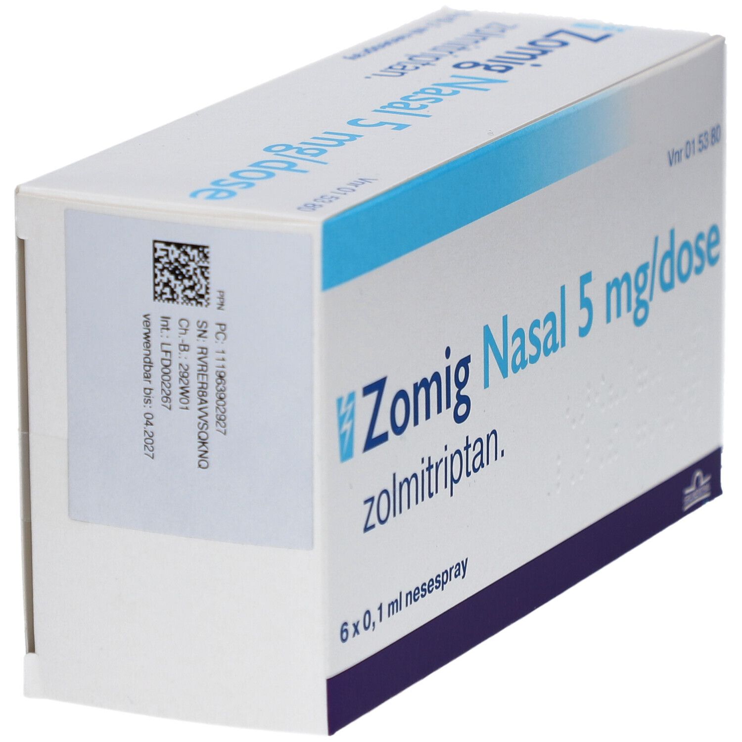 Karton von Zomig Nasal 5 mg/Dosis. Aufschrift: 6 x 0,1 ml Nasenspray. Barcode und weitere Informationen auf der Seite.