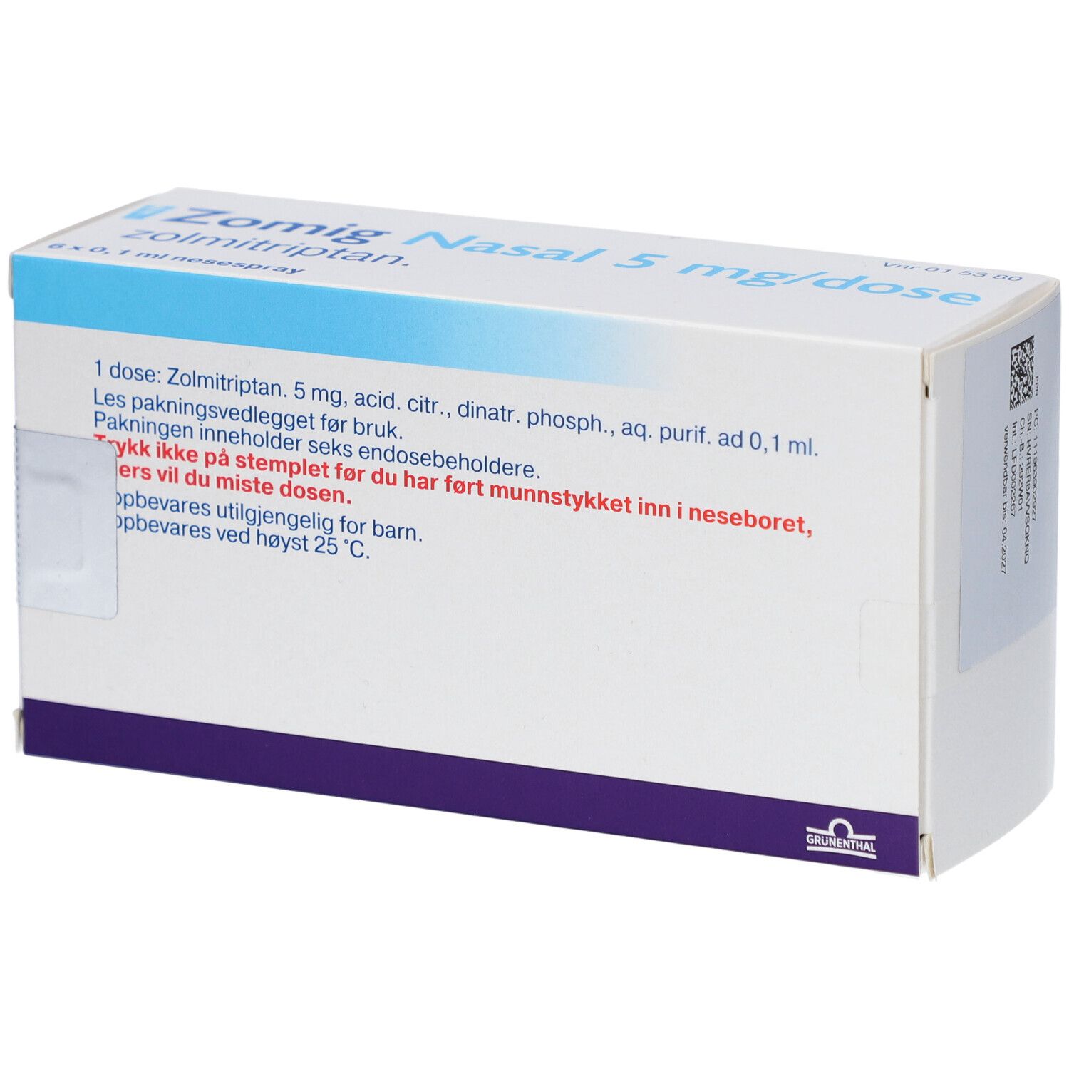 Rückseite der Zomig Nasal 5 mg/Dosis Verpackung. Text mit Inhaltsstoffen und Anwendungshinweisen.