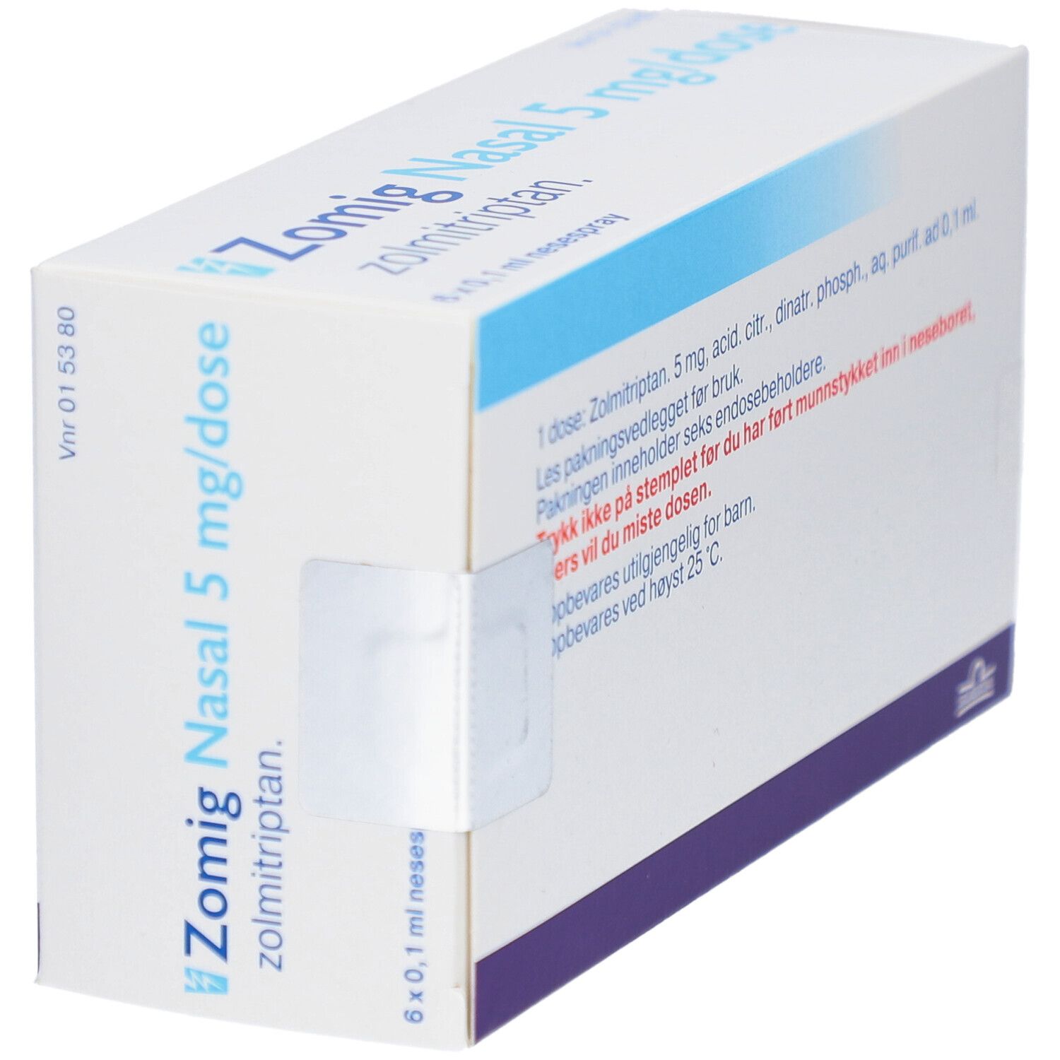 Zomig Nasal 5 mg/Dosis Verpackung mit einem geöffneten Teil. Sichtbar: Einzelne Dosis.