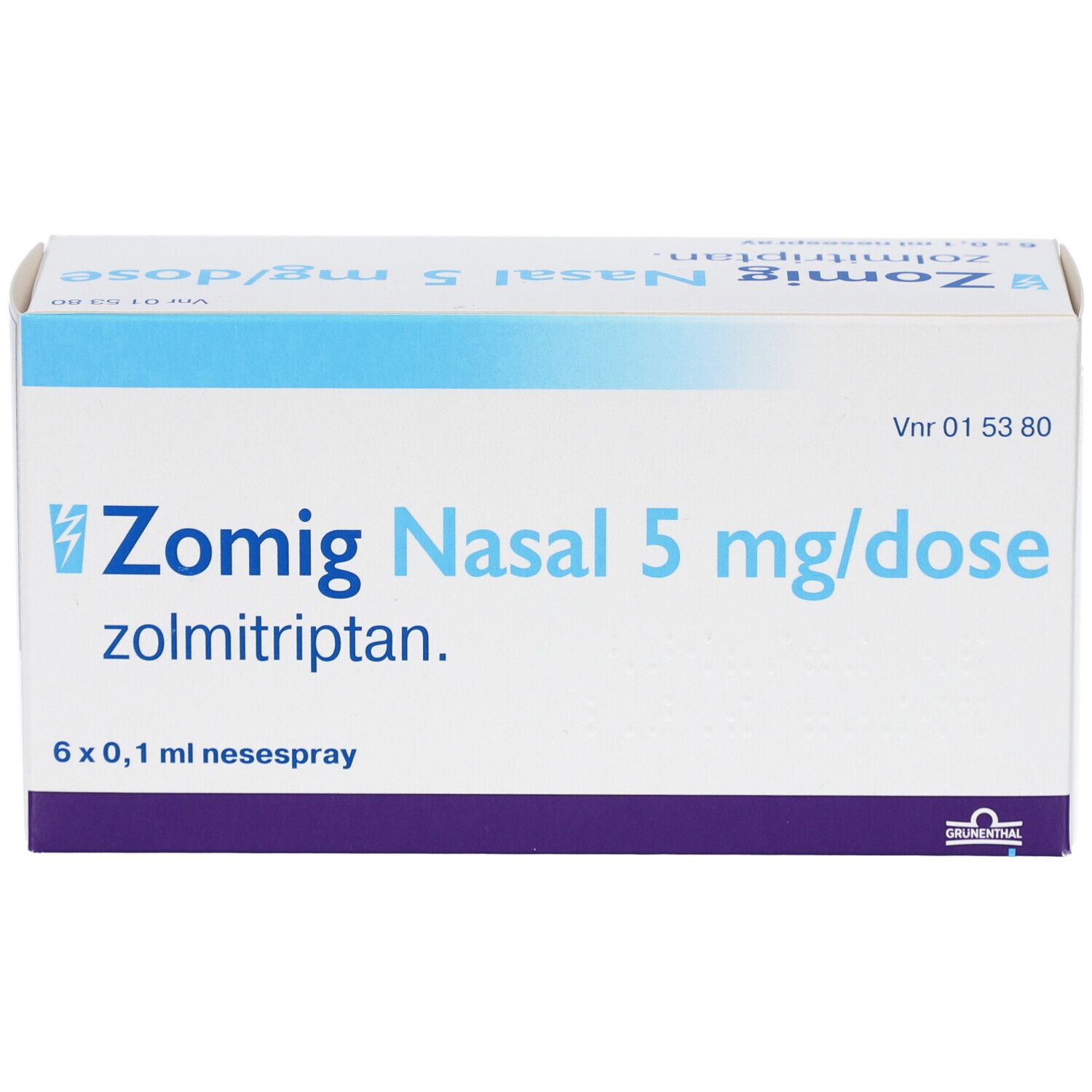 Karton von Zomig Nasal 5 mg/Dosis Nasenspray. Aufschrift: 6 x 0,1 ml Nasenspray. Blau-weiße Verpackung.