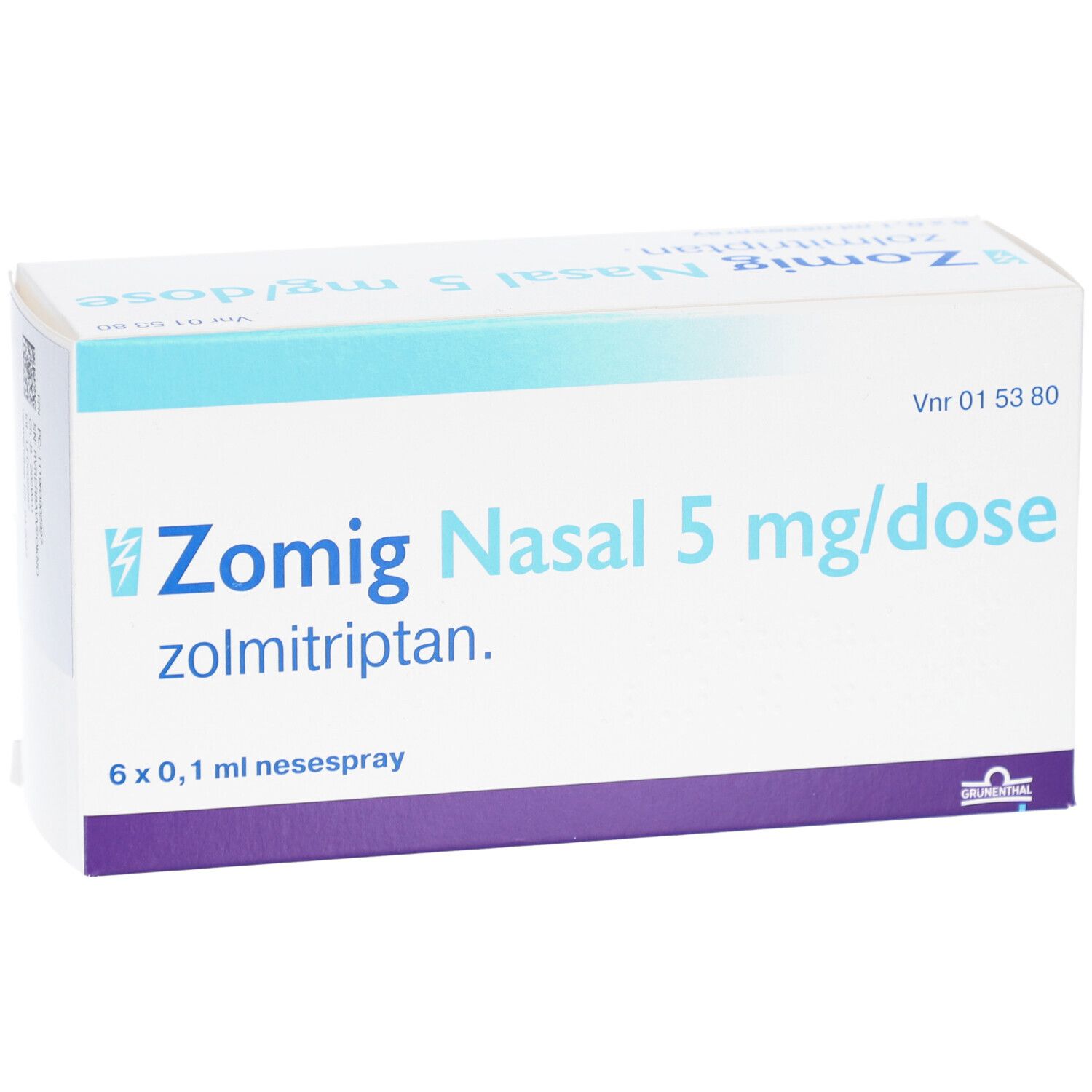 Karton von Zomig Nasal 5 mg/Dosis Nasenspray. Aufschrift: 6 x 0,1 ml Nasenspray. Blau-weiße Verpackung.