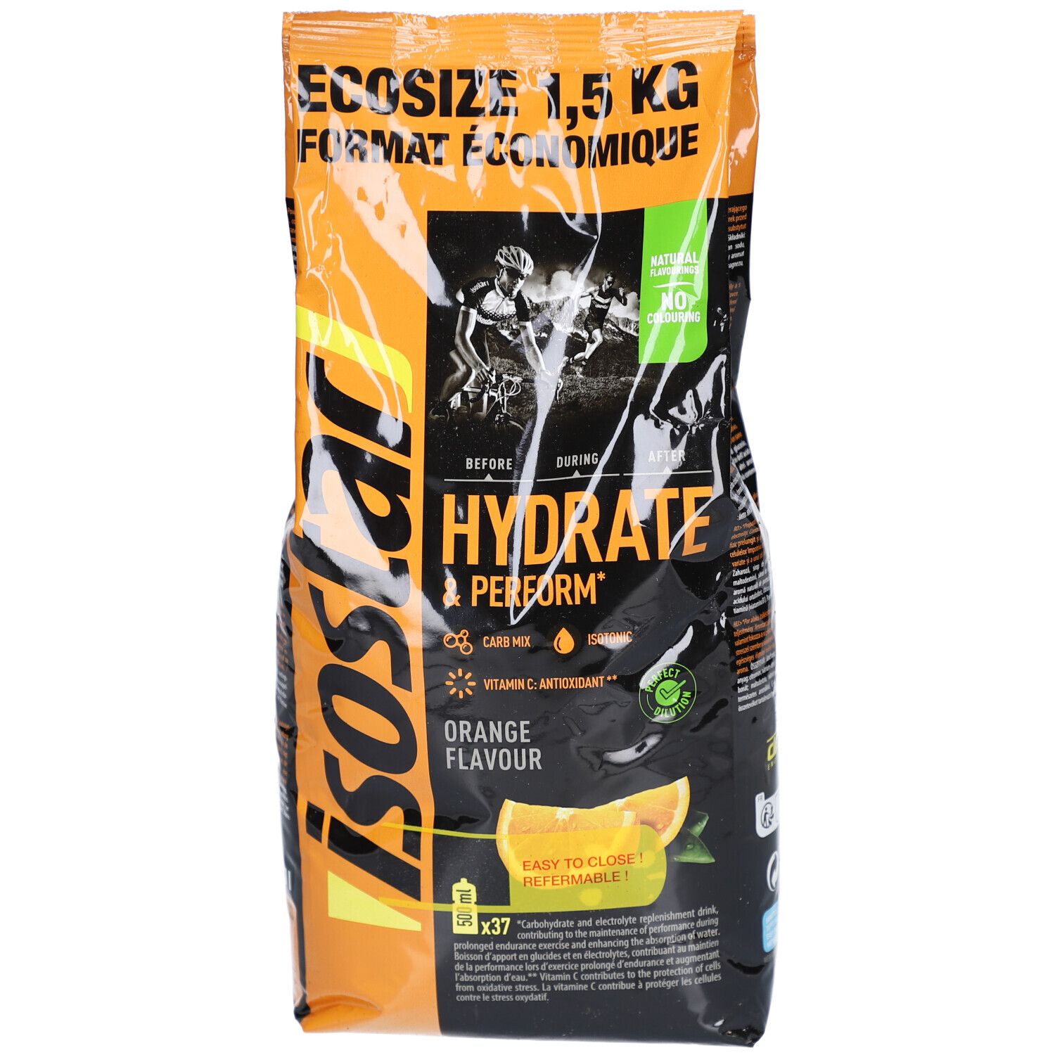 Beutel Isostar Hydrate & Perform Orange. Orangefarbene Verpackung mit Produktnamen und Abbildung. 1,5 kg.