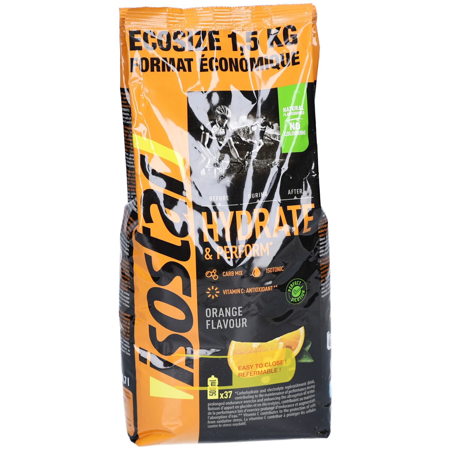 Isostar Hydrate & Perform Orange Beutel. Orangefarbene Verpackung mit Produktnamen und Abbildung. 1,5 kg.