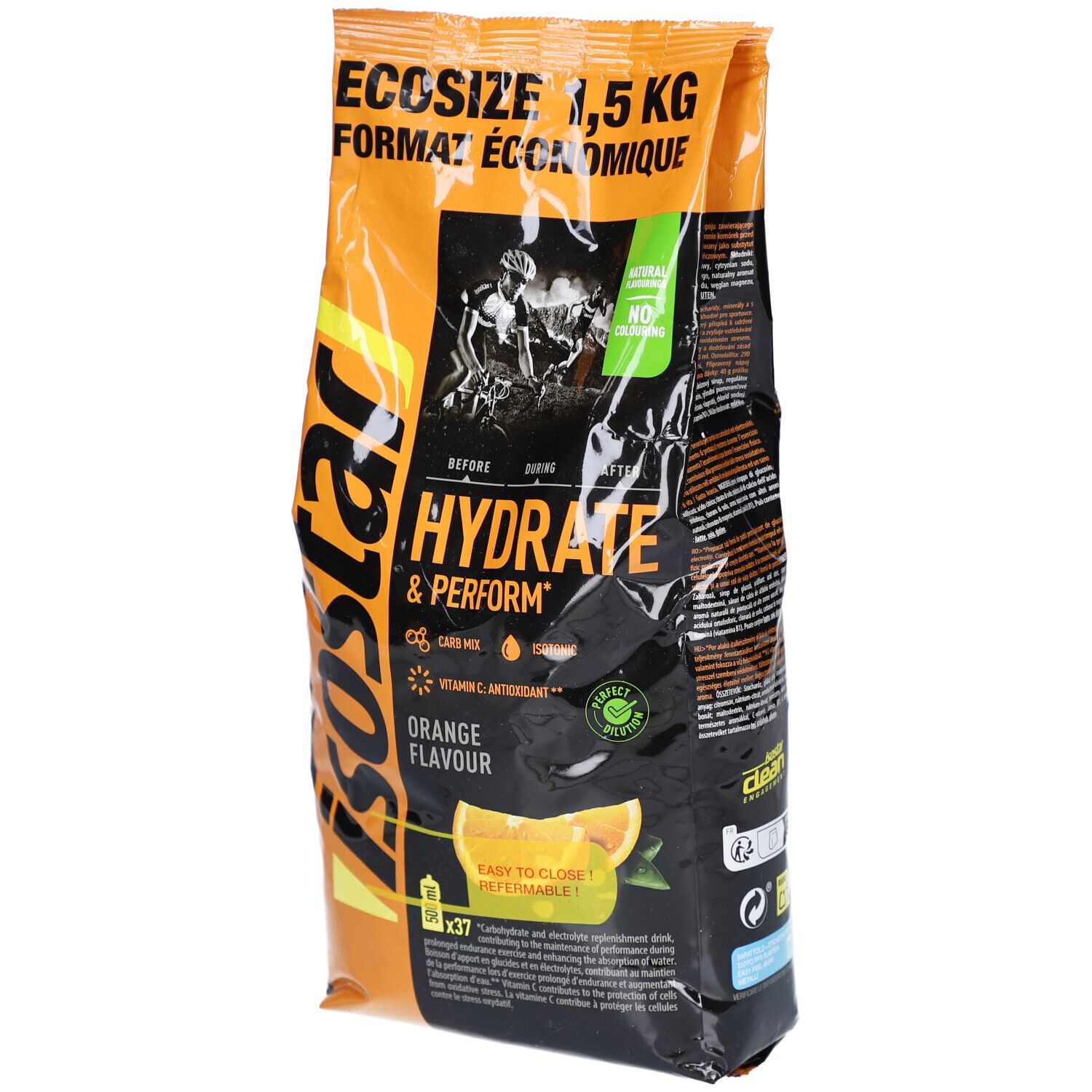Isostar Hydrate & Perform Orange Beutel. Orangefarbene Verpackung mit Produktnamen und Abbildung. 1,5 kg.