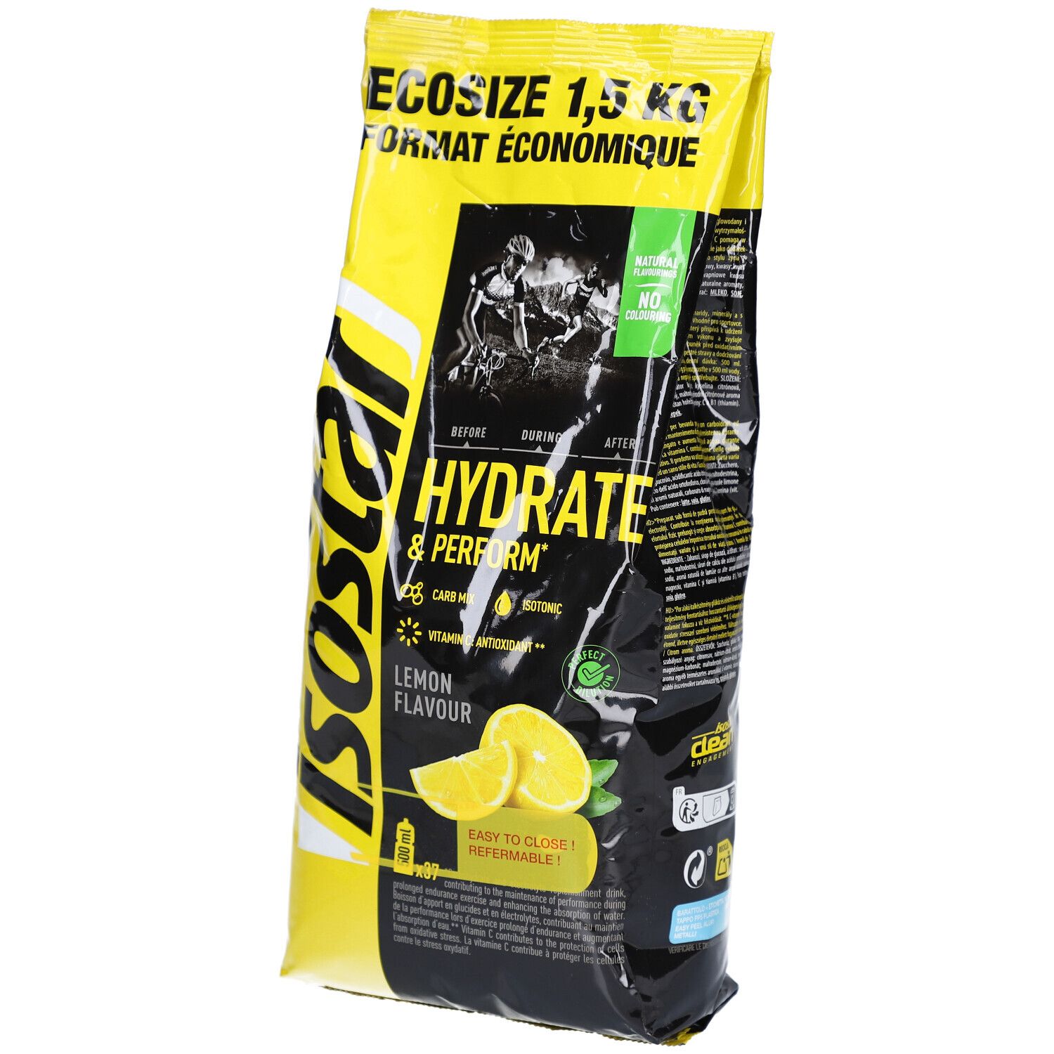 Gelbe und schwarze Verpackung von Isostar Hydrate & Perform Zitrone. Enthält das Logo und Produktinformationen. Zitronenabbildung.
