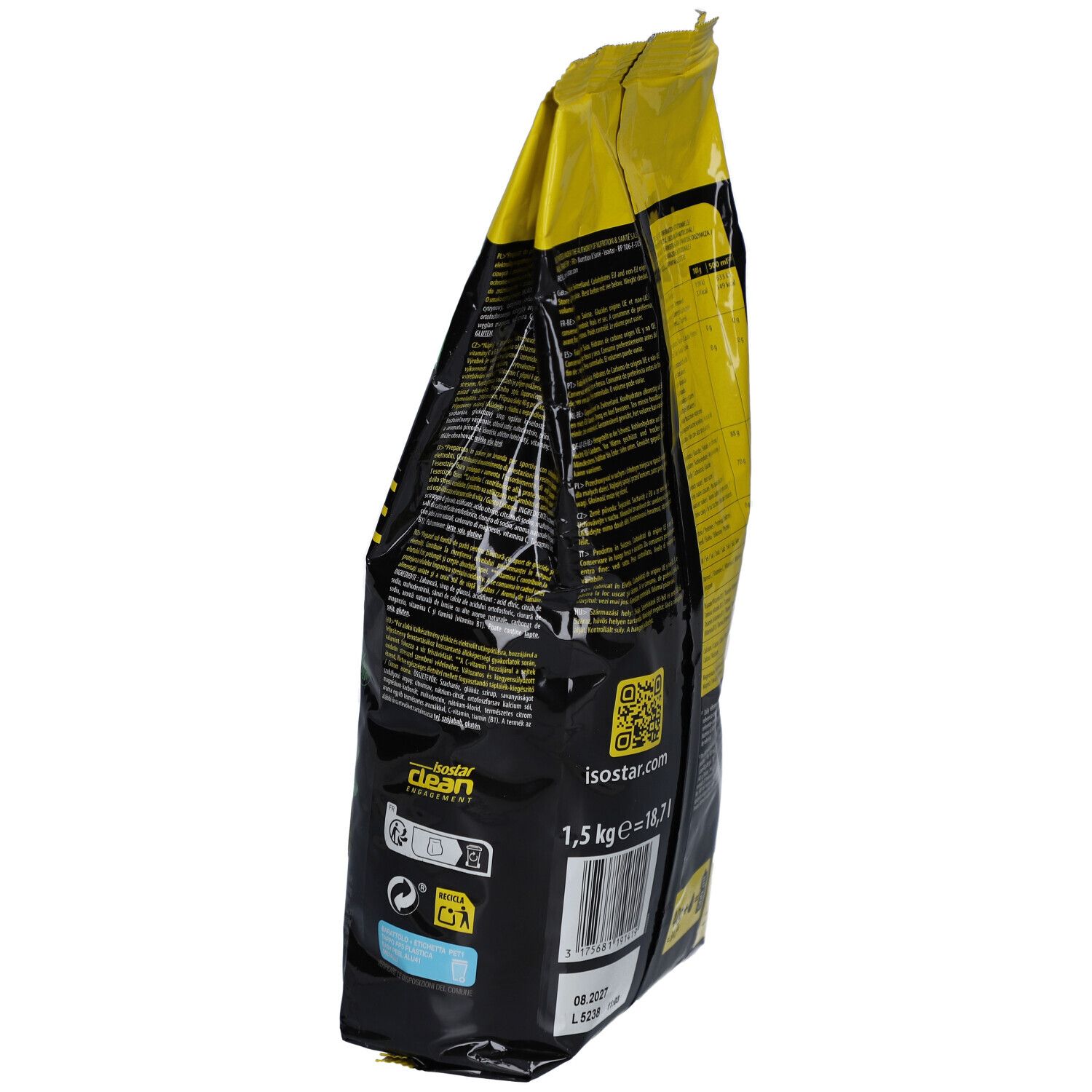 Schrägansicht der gelben und schwarzen Isostar Hydrate & Perform Zitrone Verpackung. Enthält Produktinformationen und QR-Code.